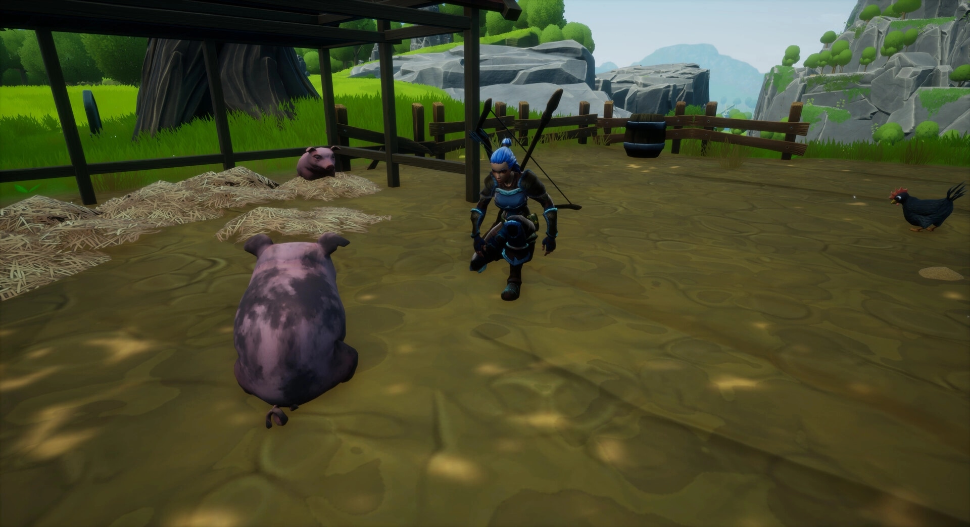 Lorne: Ranger interacts with a pig in a fenced farm area with lush green hills and distant mountains.