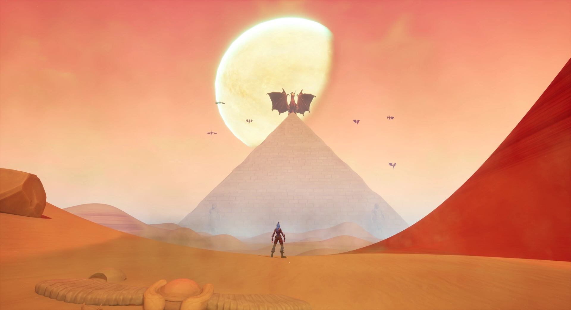 Lorne: Ranger facing pyramid with dragon perched atop under a large glowing moon in desert landscape.