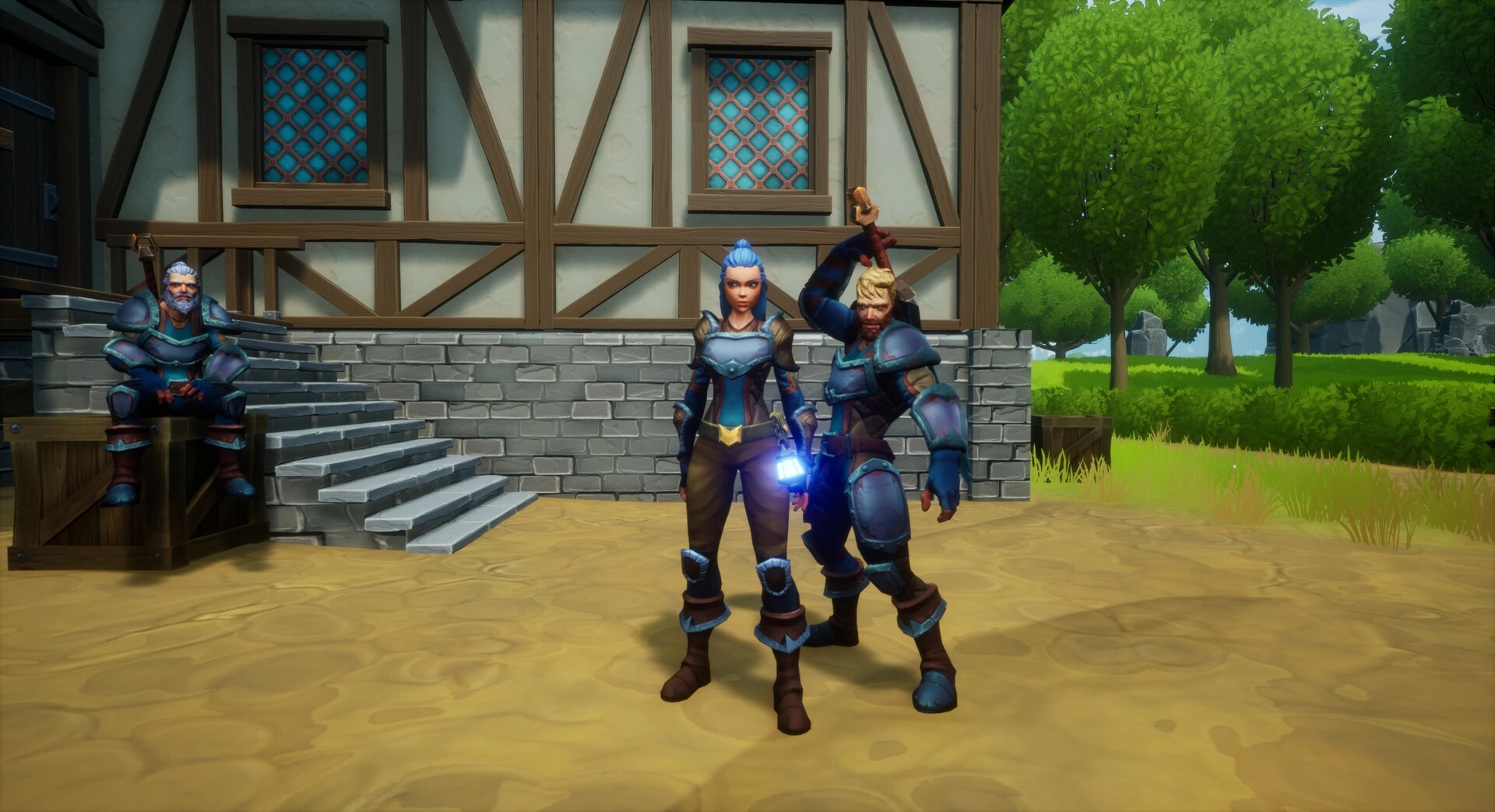 Lorne: Two armored characters pose in front of a house with a figure seated on stairs, trees nearby