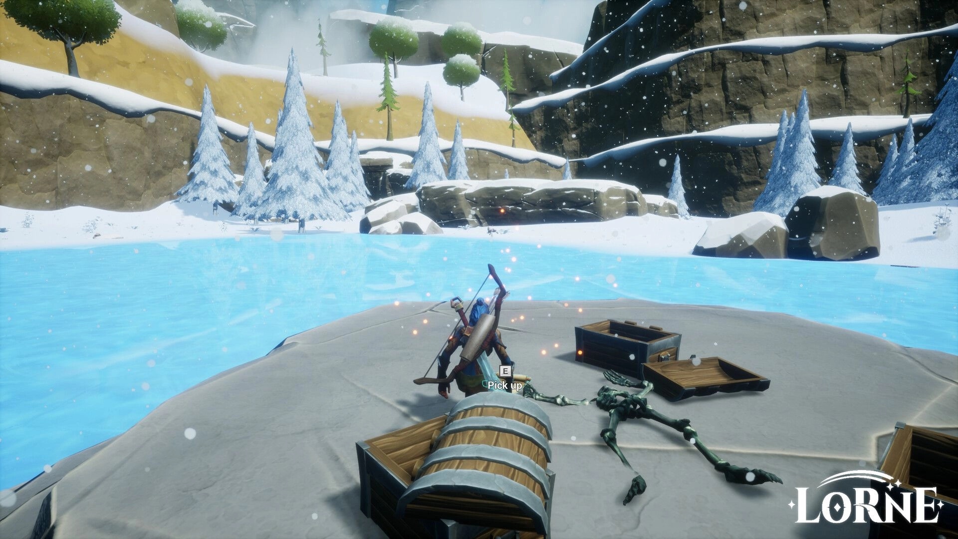 Lorne: Ranger looting chests and skeleton on icy lake with snowy trees and cliffs in background