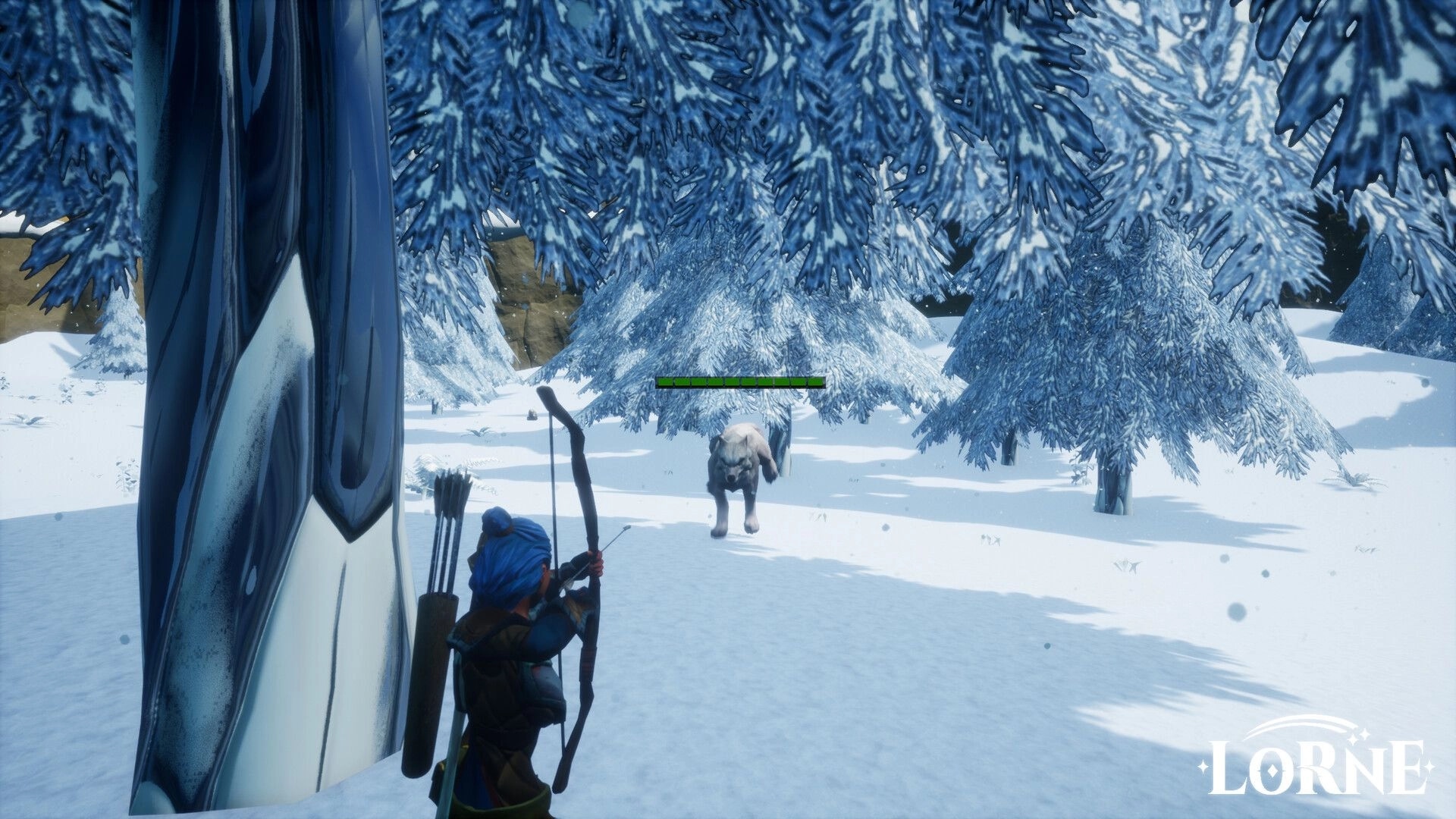 Lorne: Ranger with bow faces charging creature in snowy forest with health bar visible