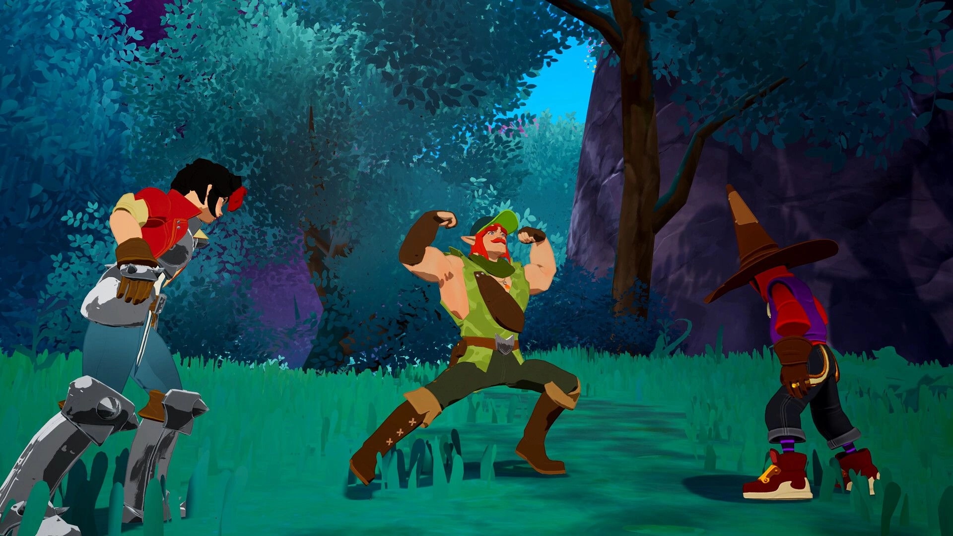 LORT: Three characters in combat stance within a lush forest environment