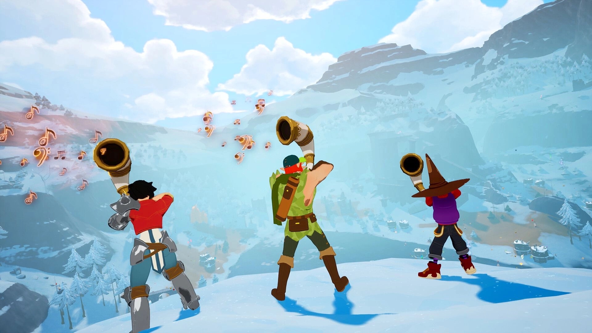 LORT: Three characters blow horns on snowy hilltop, sending musical notes into a vast mountain landscape.