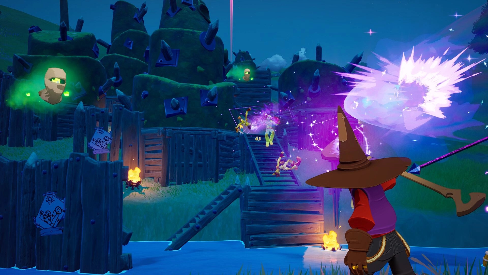 LORT: Wizard casting a powerful spell at enemies on wooden fort stairs in a mystical forest setting