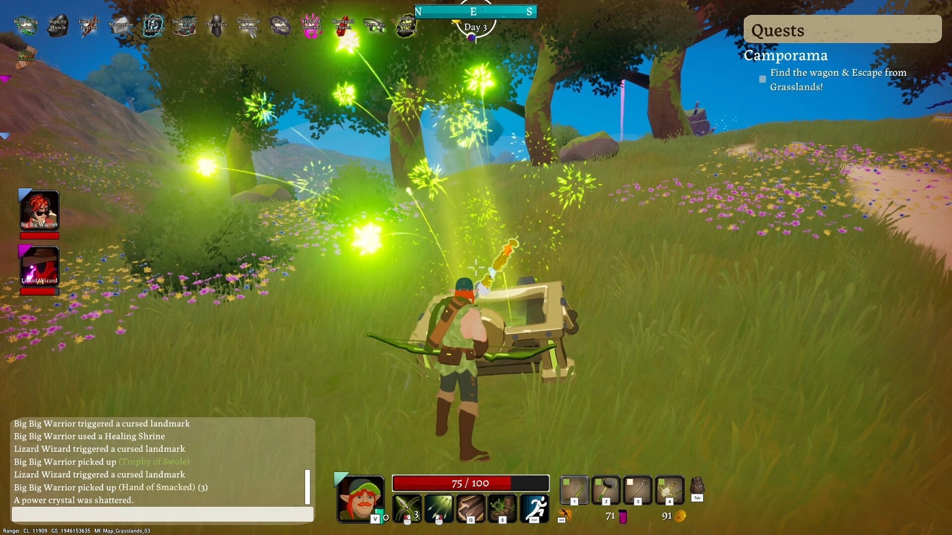 LORT: Player interacts with chest in grassy field, vibrant green effects, quest displayed on right