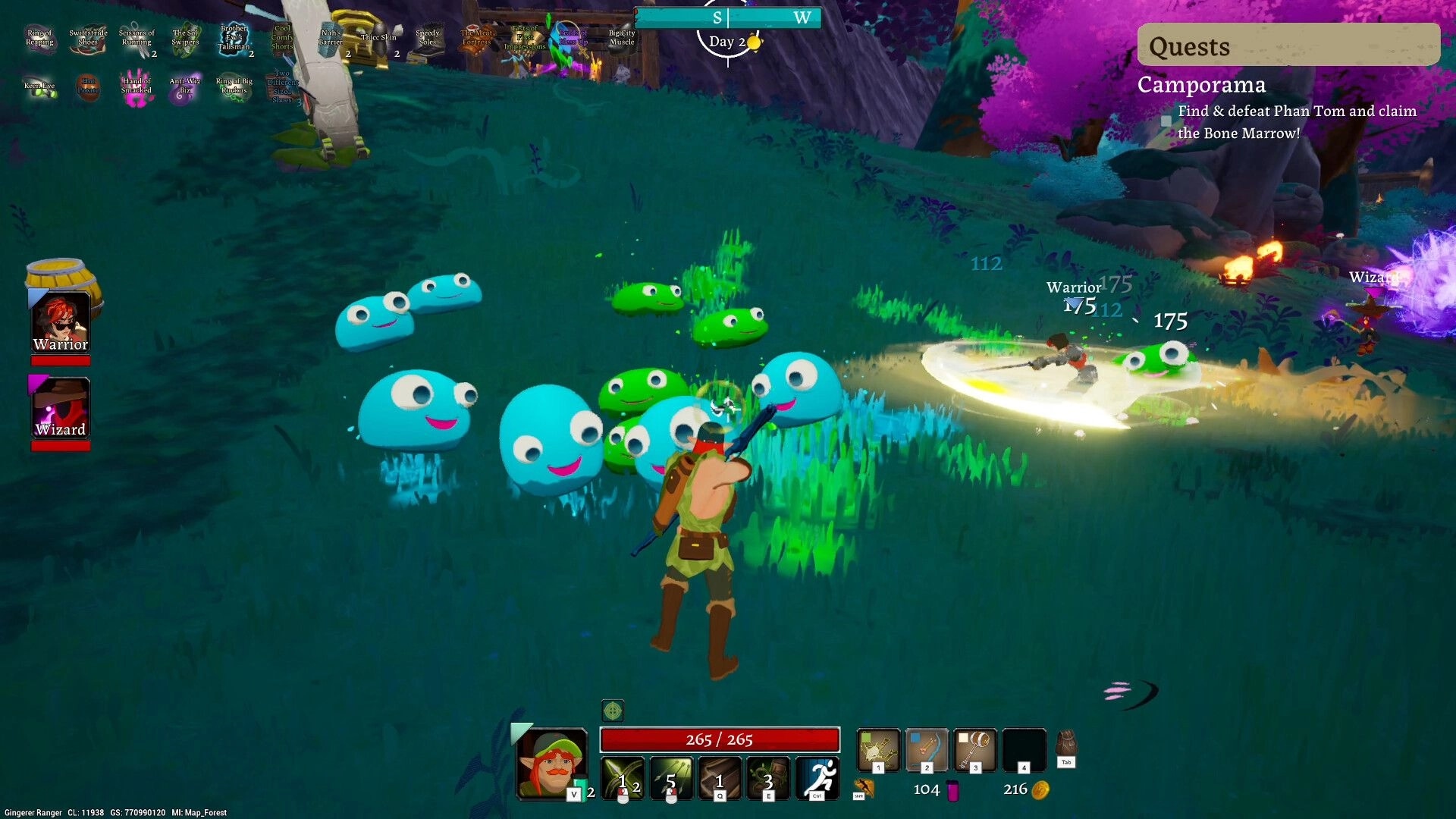LORT: Player battling colorful slimes on grassy field; UI shows health, skills, and quest objectives.