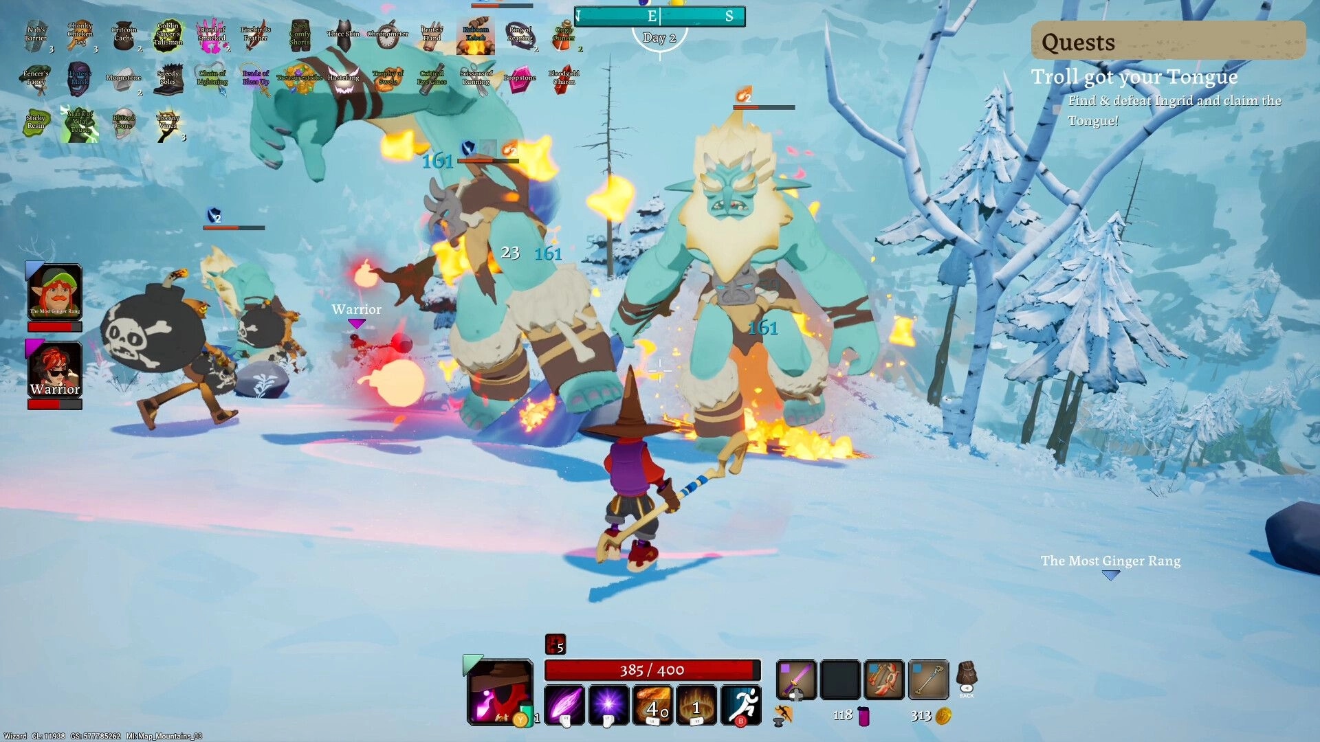 LORT: Wizard battles giant trolls with fireballs in a snowy forest, quest details shown on the right.