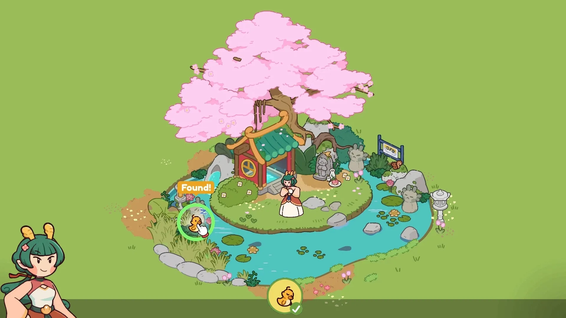 Lost and Found Co.: Character stands by a cherry blossom tree beside a stream with a "Found!" icon visible.