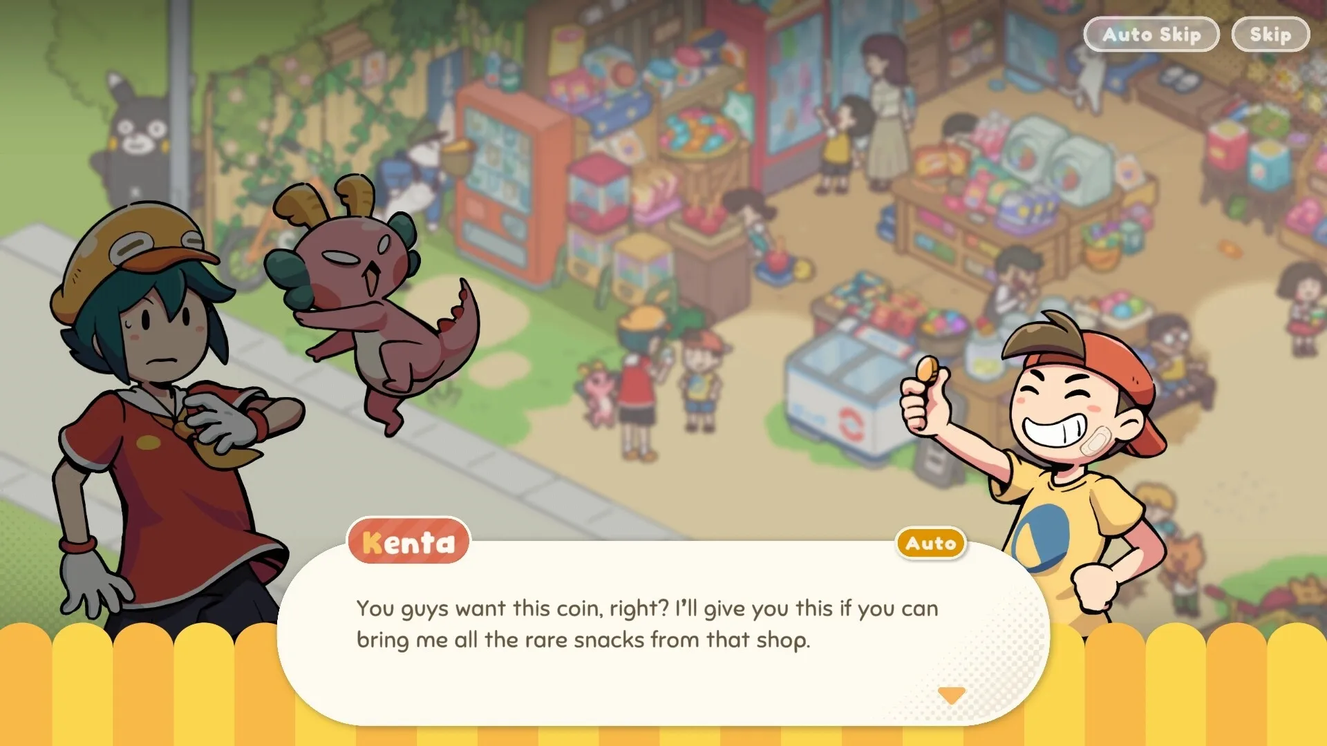 Lost and Found Co.: Kenta offers a coin in bustling market scene with shops and quirky characters
