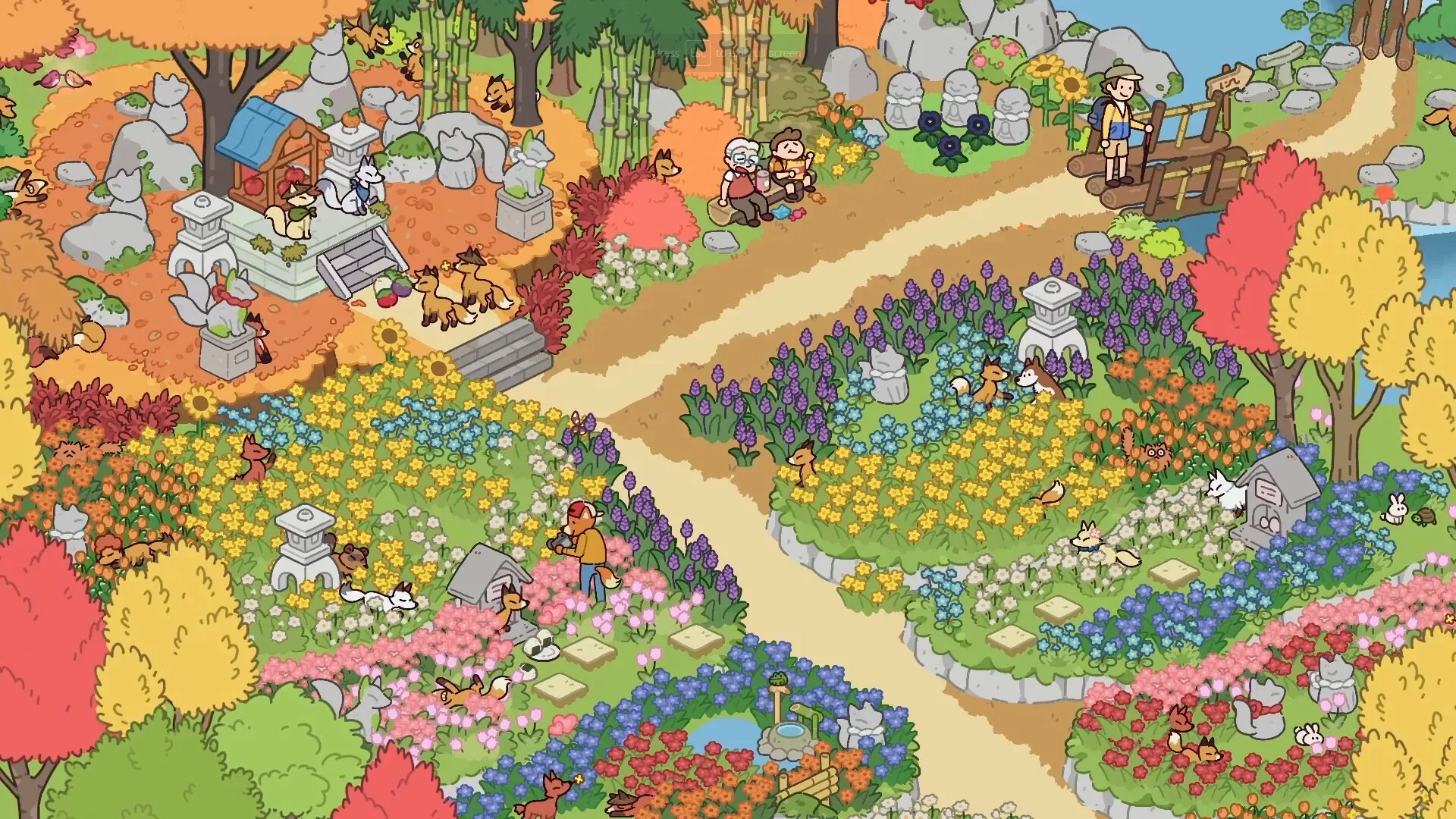 Lost and Found Co.: Characters explore colorful garden with fox statues and vibrant flower beds