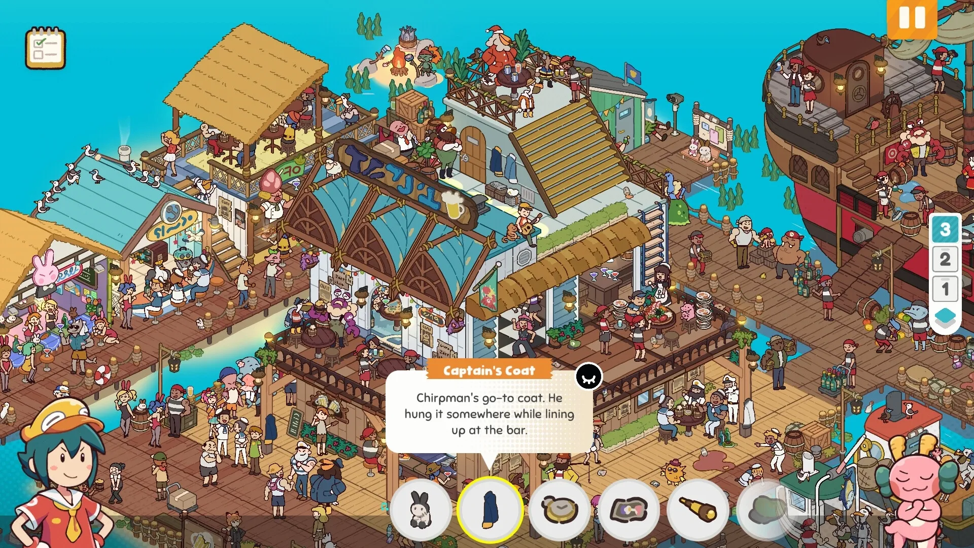 Lost and Found Co.: Busy port tavern with diverse characters interacting; inventory and quest details visible.