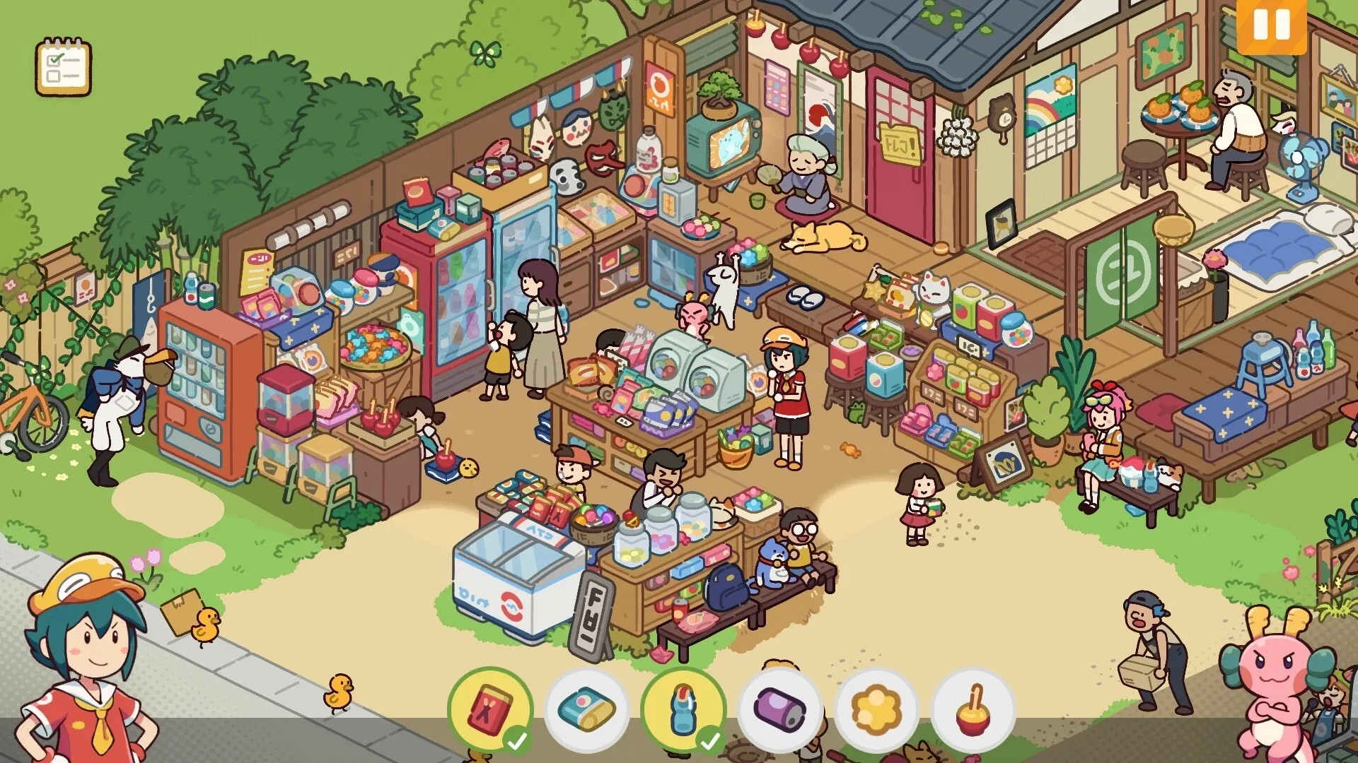 Lost and Found Co.: Busy market scene with various colorful items, characters, and an inventory menu.