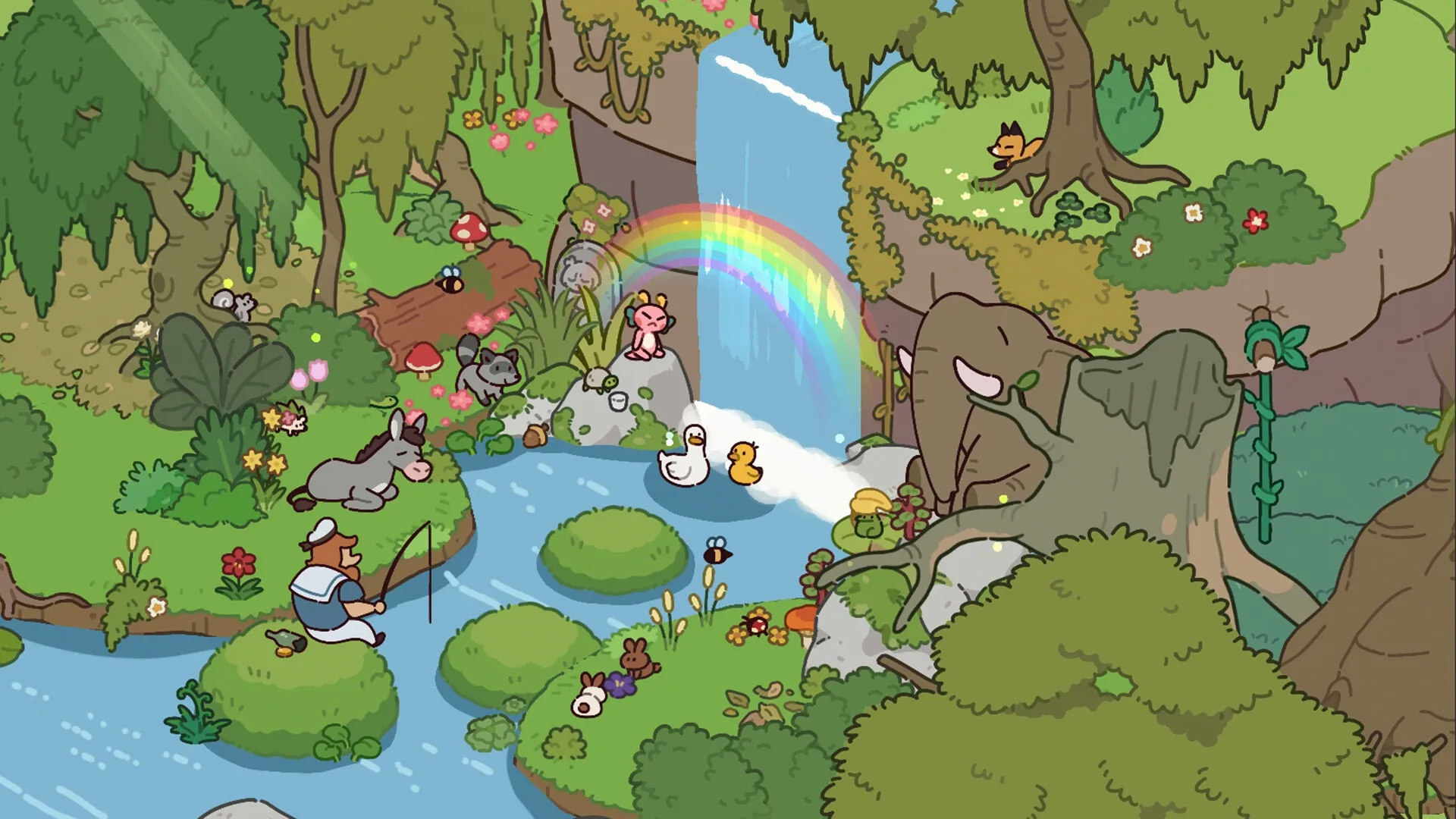 Lost and Found Co.: Forest scene with animals, a tiny dragon by a waterfall, and a rainbow overhead