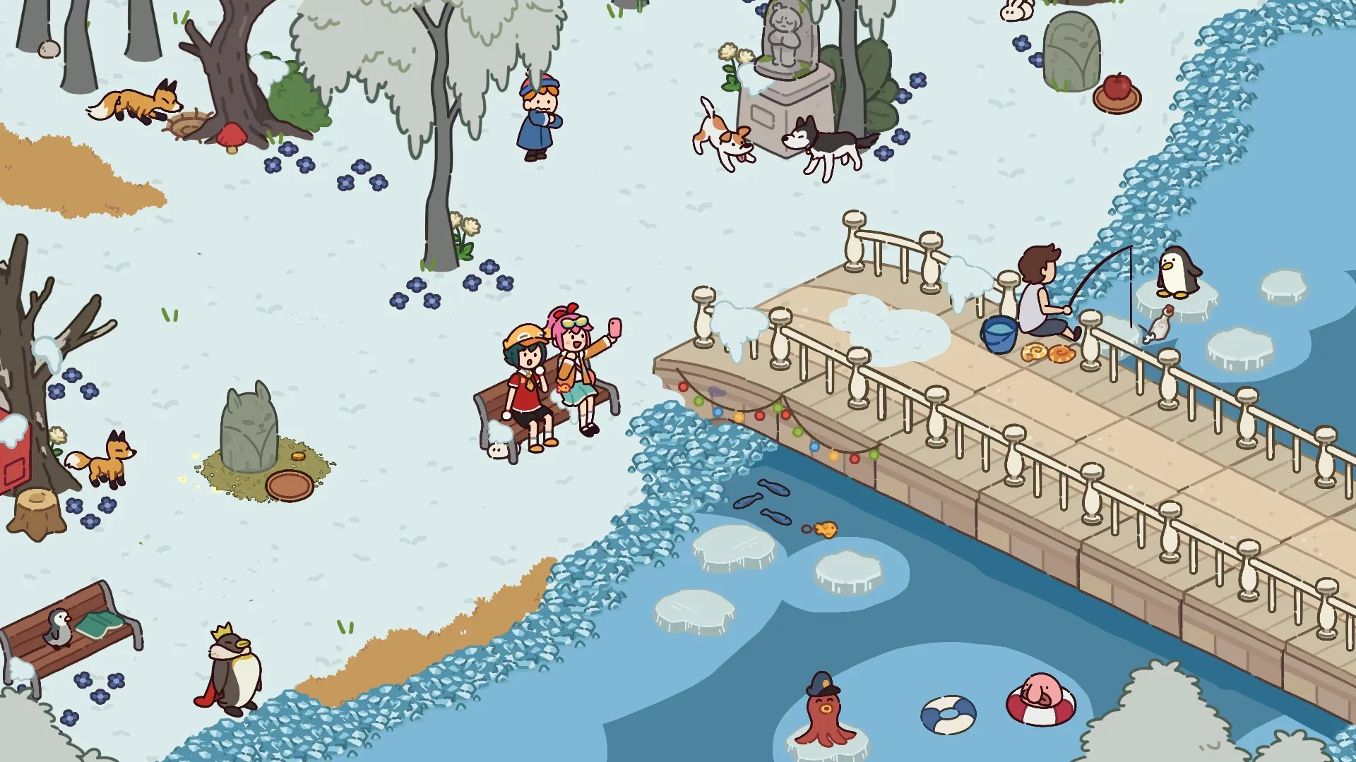 Lost and Found Co.: Characters relaxing on snowy park bench near a frozen pond with fishing activity