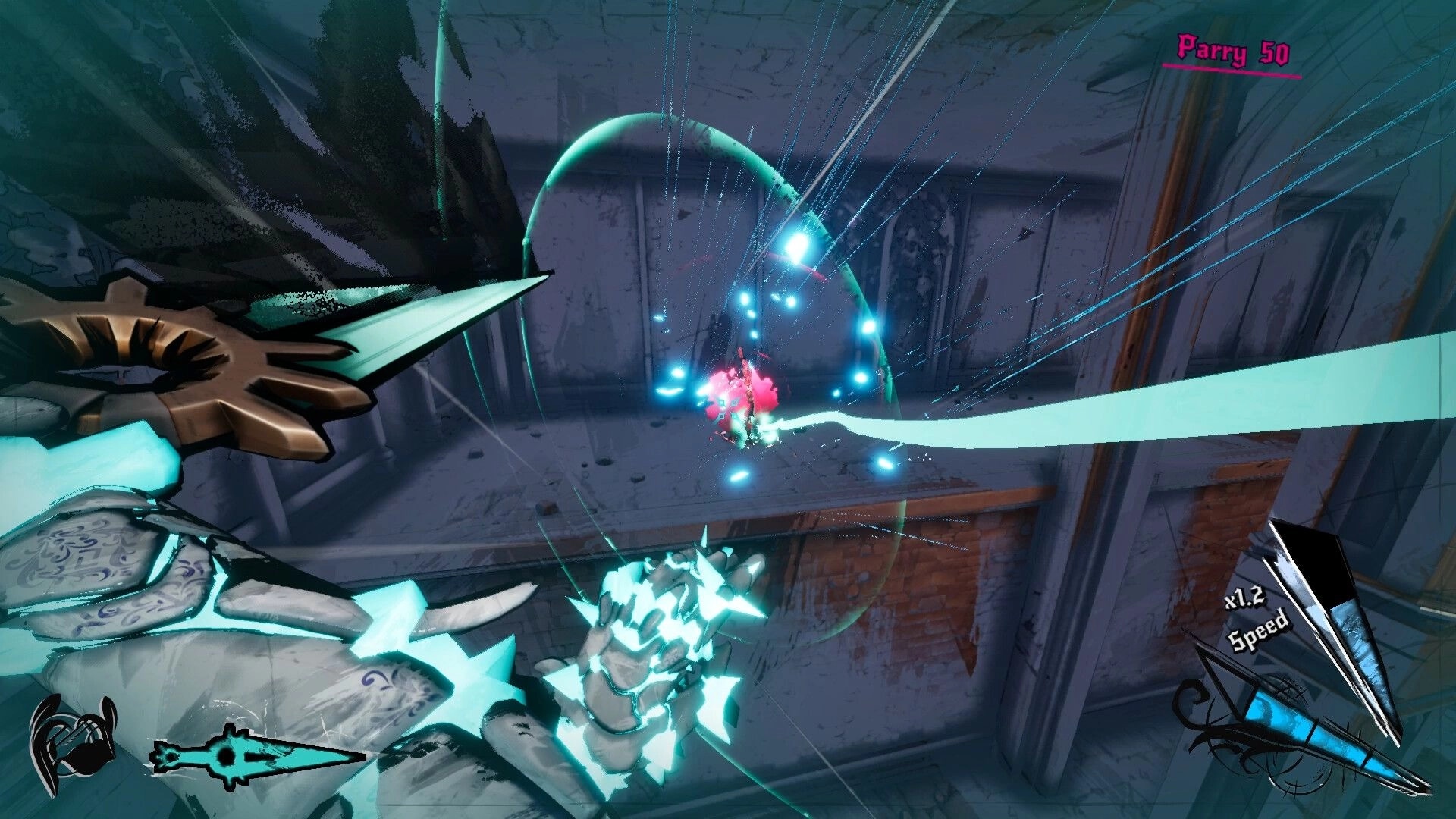 Lost Arsenal: Midair dash attack with glowing blade and hit sparks in a ruined hallway, Parry 50 UI.