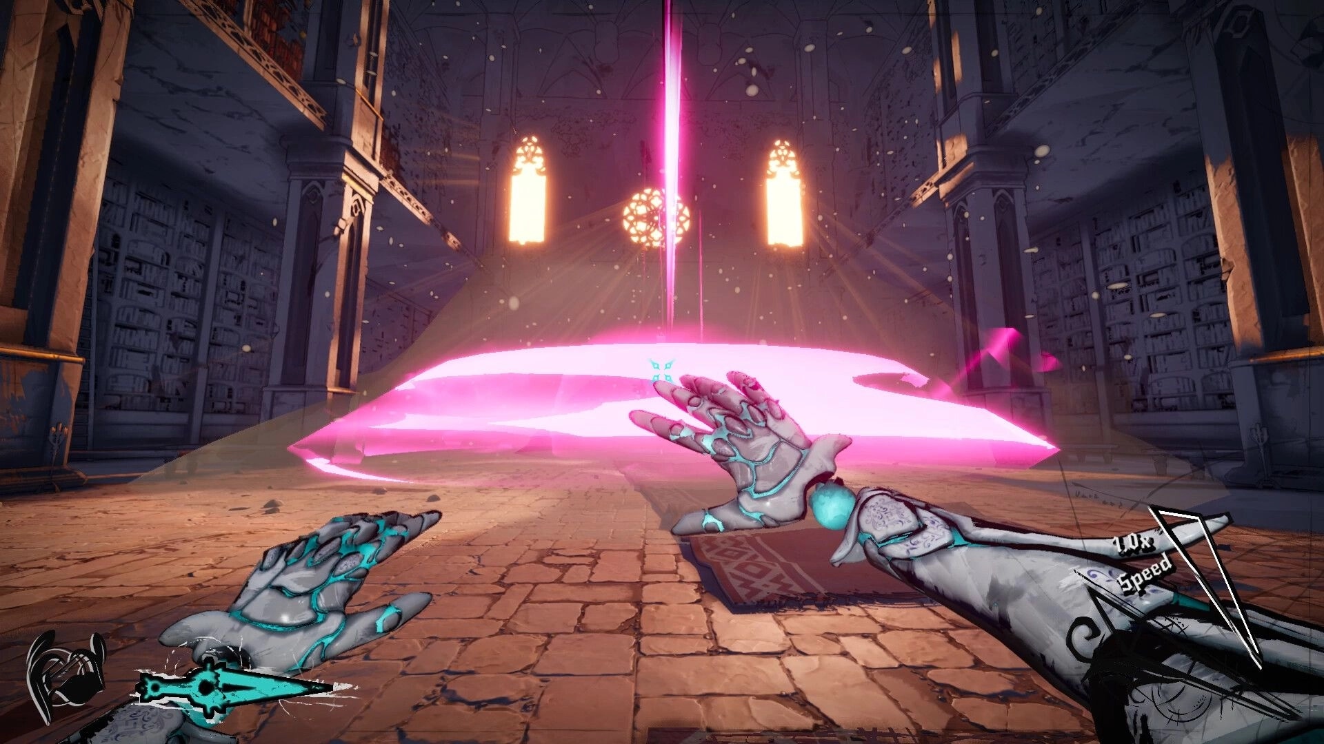 Lost Arsenal: First-person melee swing with glowing pink arc inside a ruined cathedral hall UI visible.