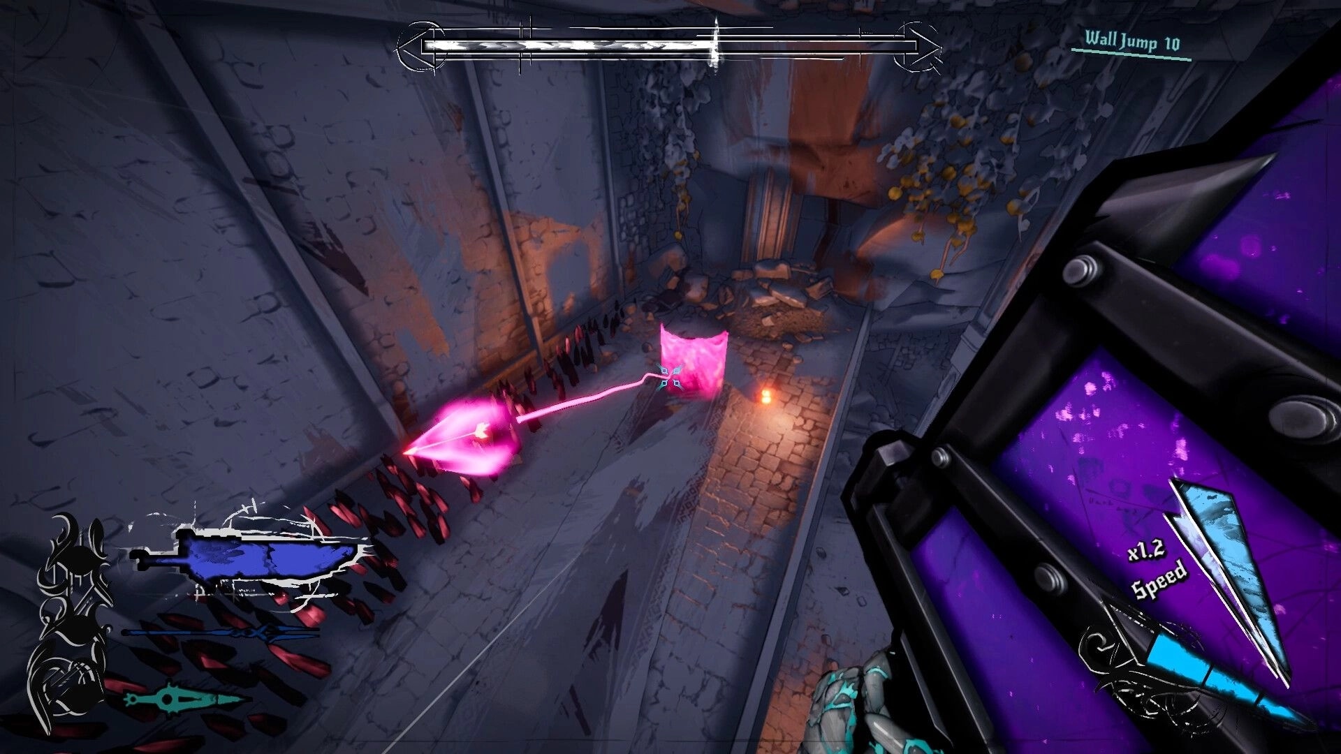 Lost Arsenal: First-person wall jump past spikes with pink teleport tether in crumbling stone corridor.