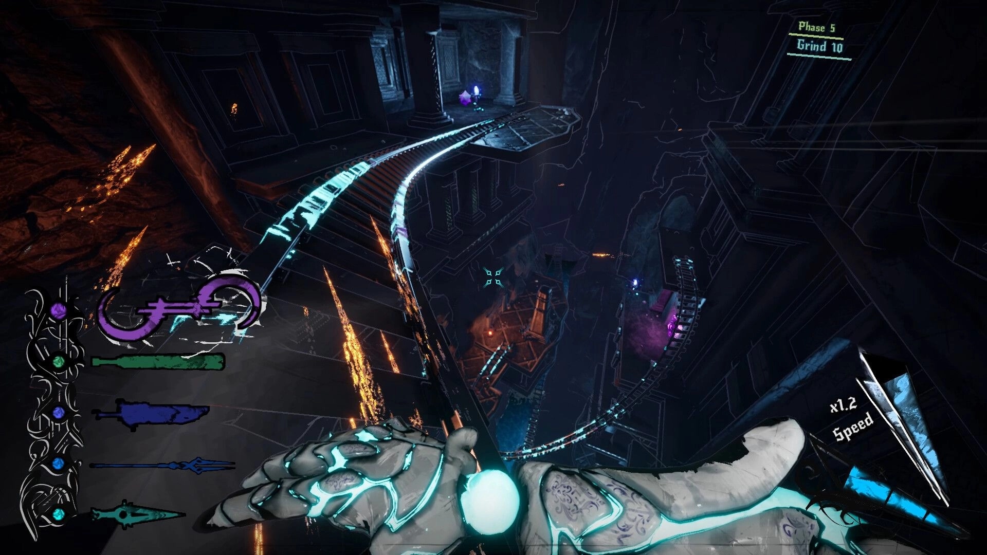 Lost Arsenal: First-person leap along glowing rail over chasm, Phase 5 UI in dark ruins.