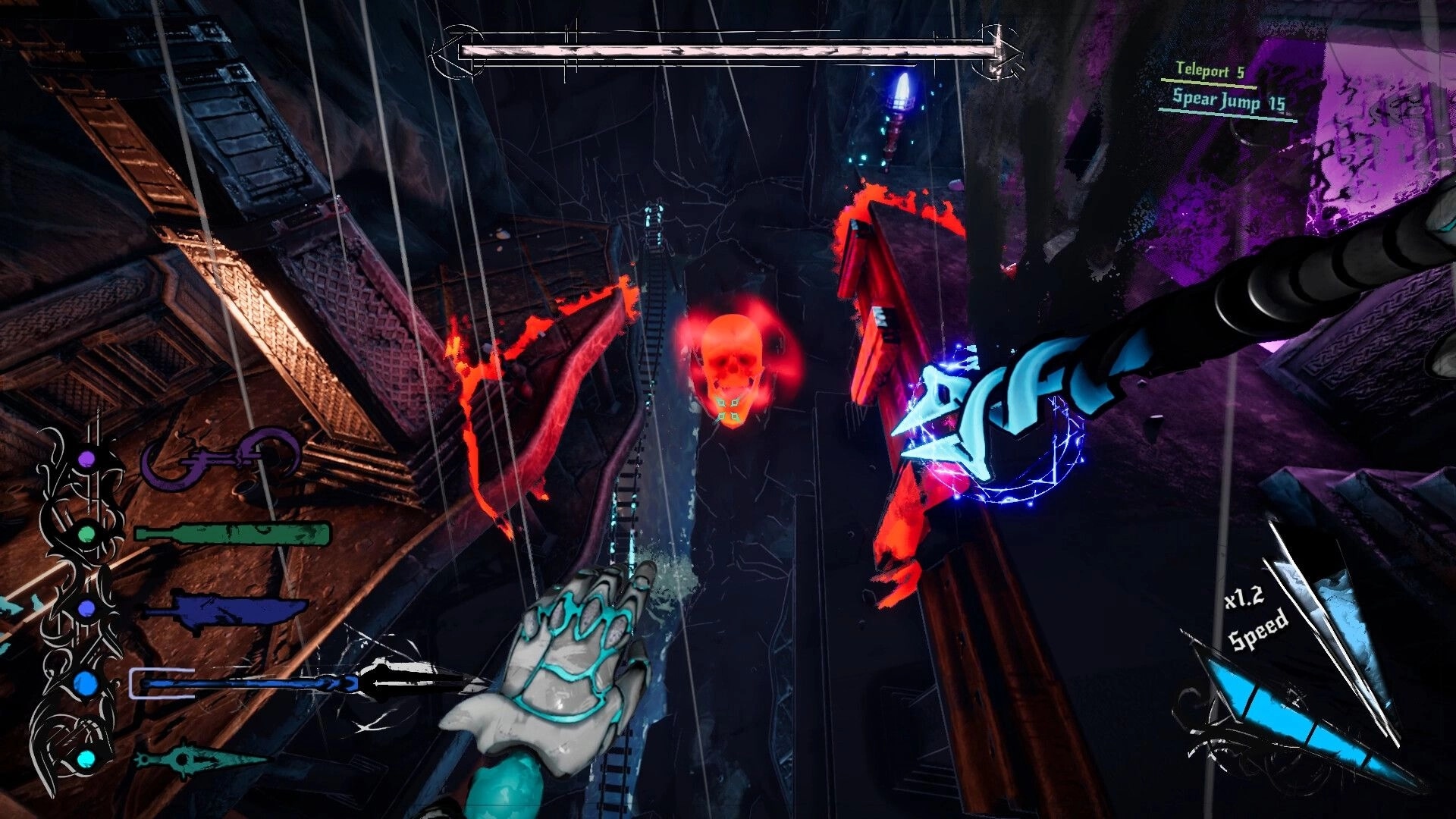 Lost Arsenal: First-person spear jump toward a glowing red skull above rainy rooftops and chasm UI visible.