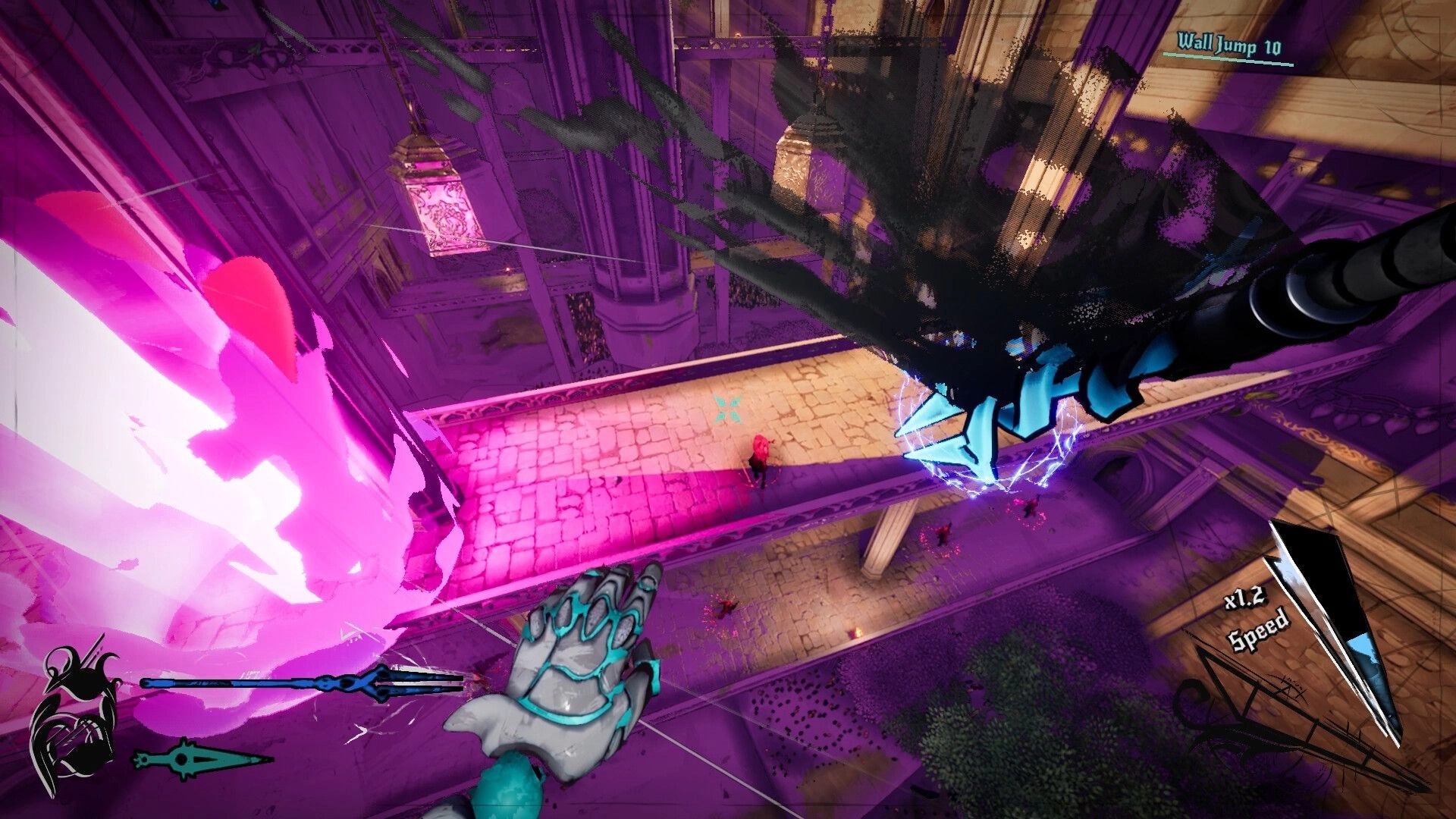 Lost Arsenal: First-person leap past a glowing portal in purple temple corridors, Wall Jump UI active.