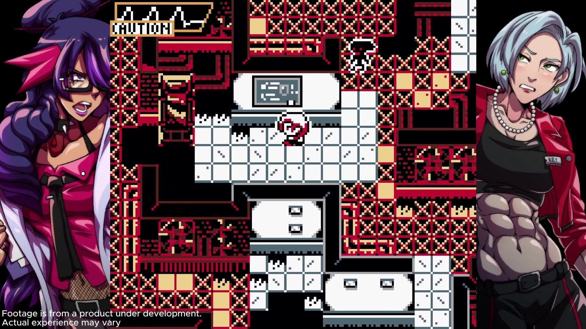 Lost Eclipse: Character navigating a pixelated maze with caution sign and two character portraits visible