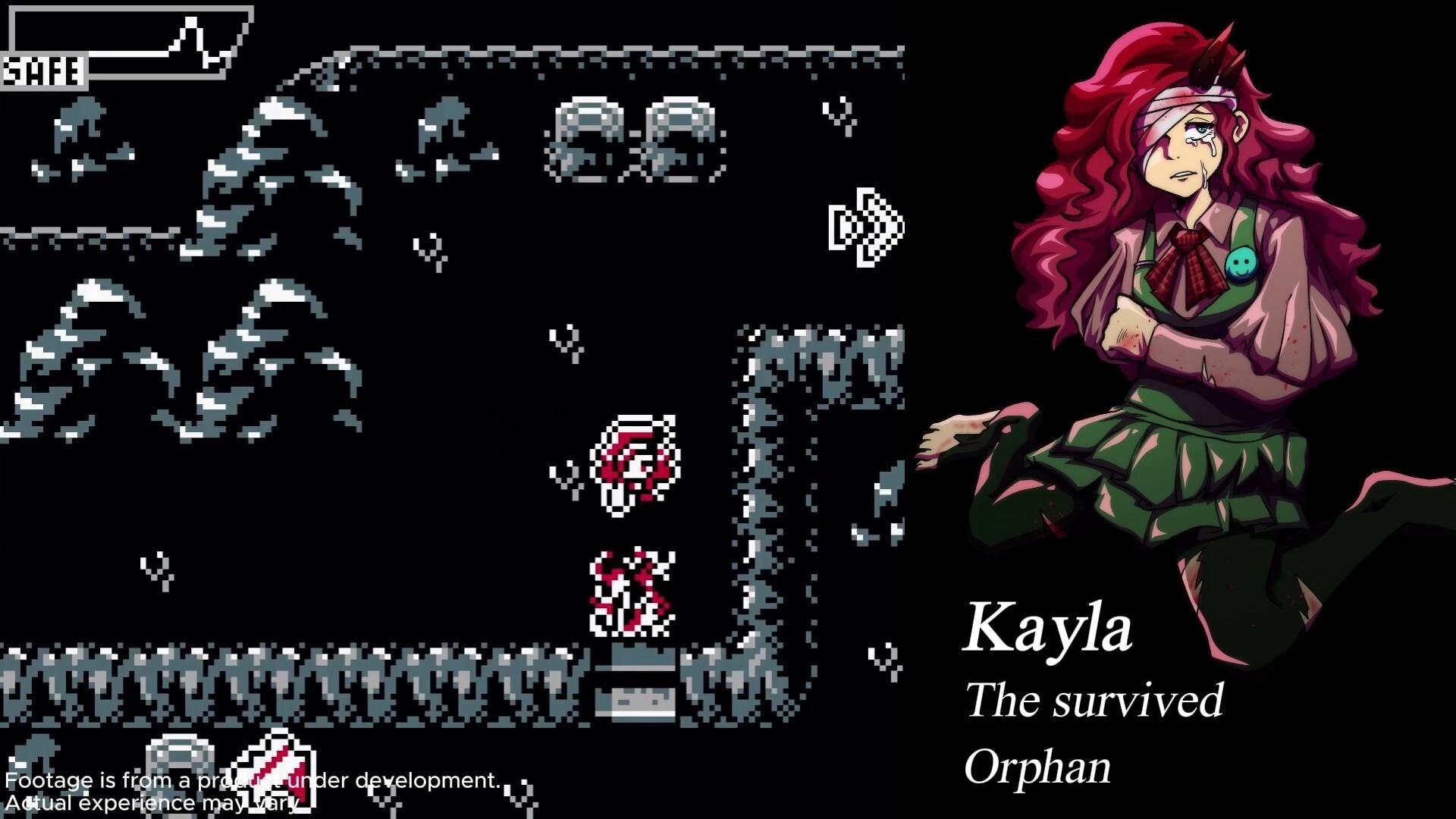 Lost Eclipse: Kayla navigates pixelated cave with heart rate monitor and direction indicator visible