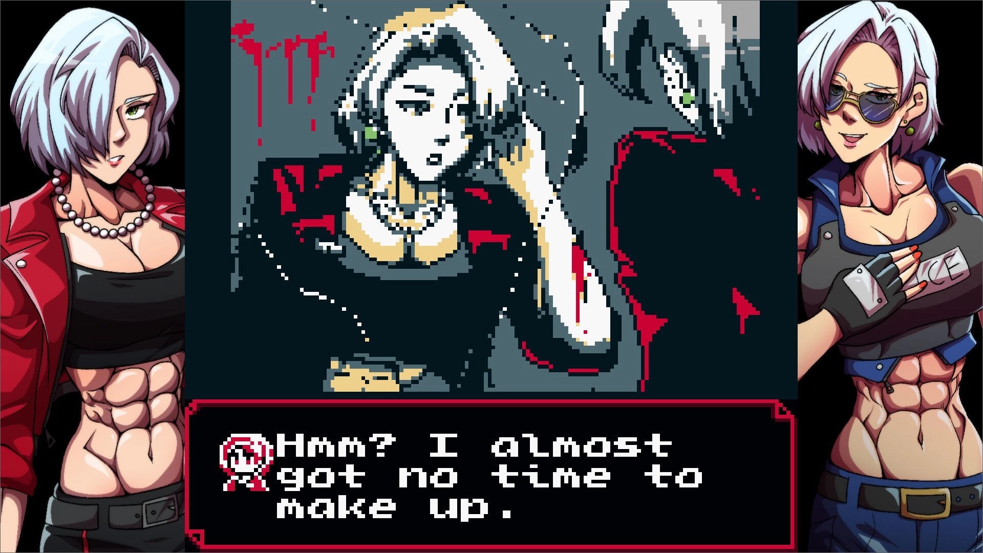 Lost Eclipse: Character dialogue with pixel art style, woman in red outfit in a dimly lit room