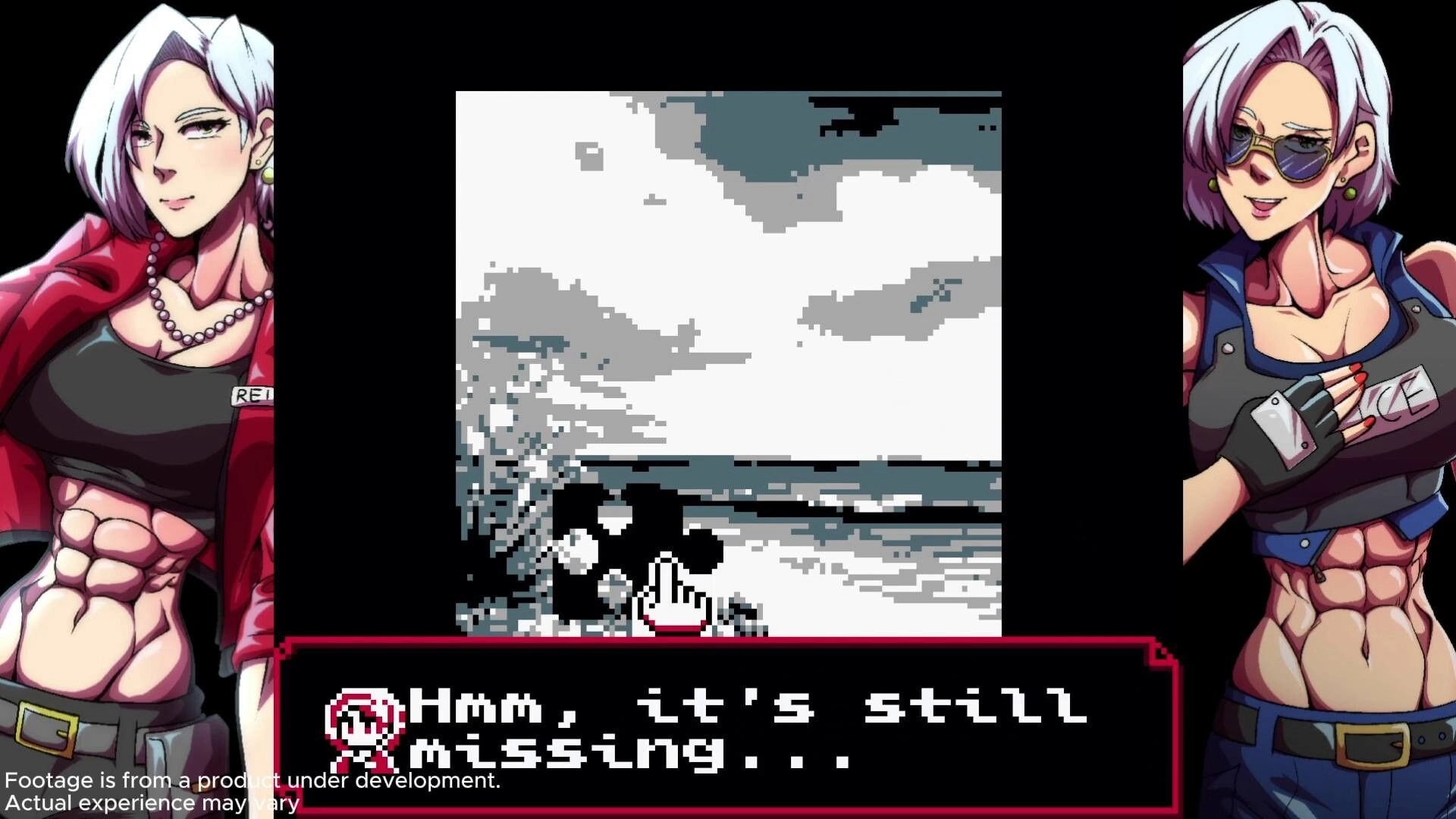 Lost Eclipse: Pixel art beach scene with dialogue box and character portraits on sides
