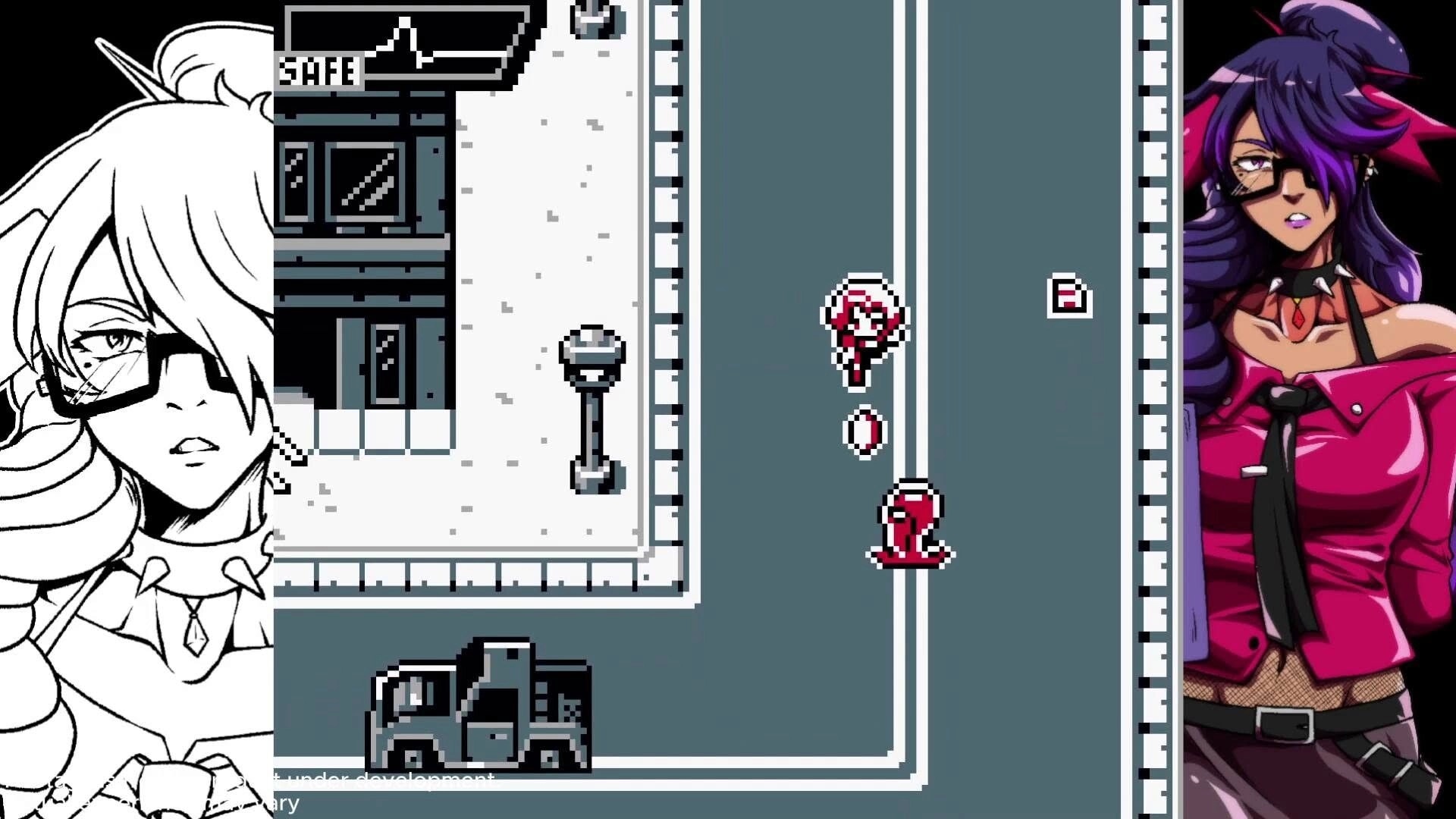 Lost Eclipse: Character encounters enemy near a safe zone in a pixelated city street environment