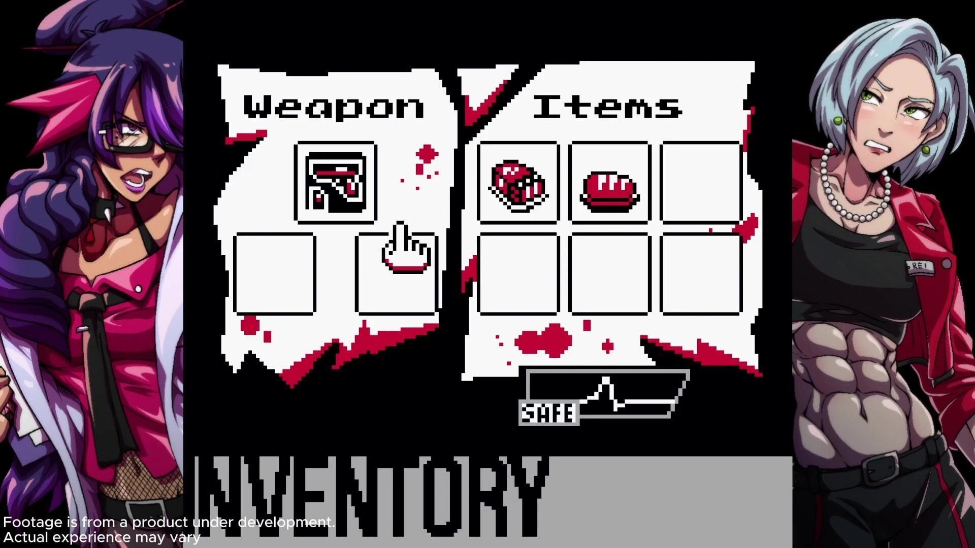 Lost Eclipse: Inventory menu with weapons and items alongside two characters in a digital interface