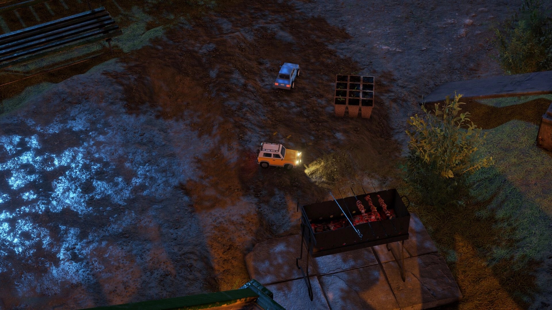 Lost Host: Toy car exploring muddy terrain at night, headlights on, near a grill and wooden bench.