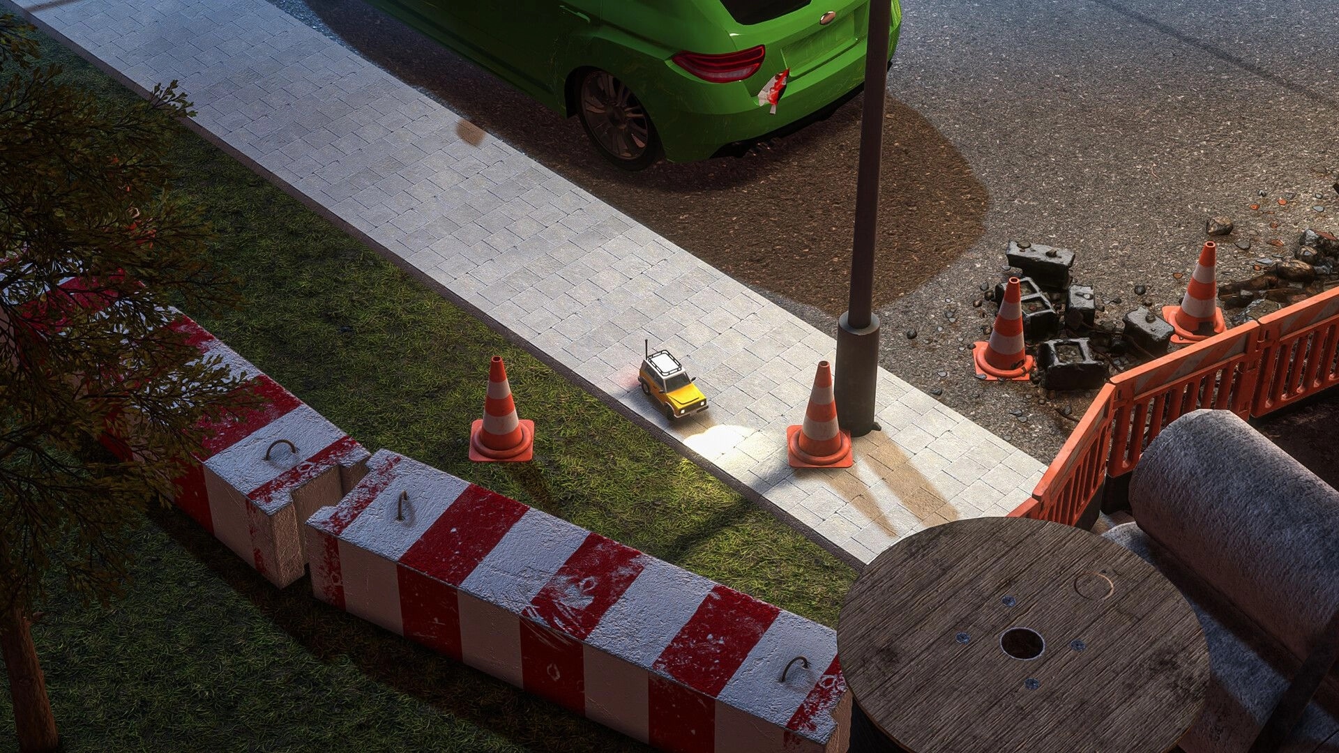Lost Host: Toy car navigating a sidewalk at night, surrounded by traffic cones and construction barriers
