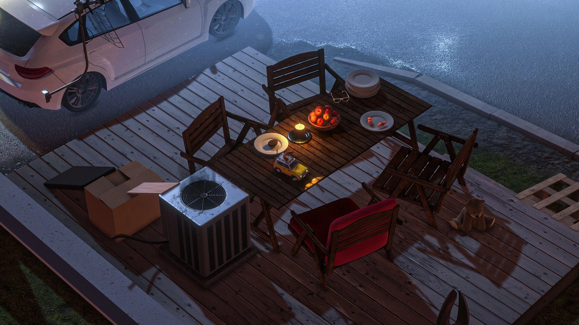Lost Host: Toy car on table with plates and candle in a dimly lit outdoor patio setting