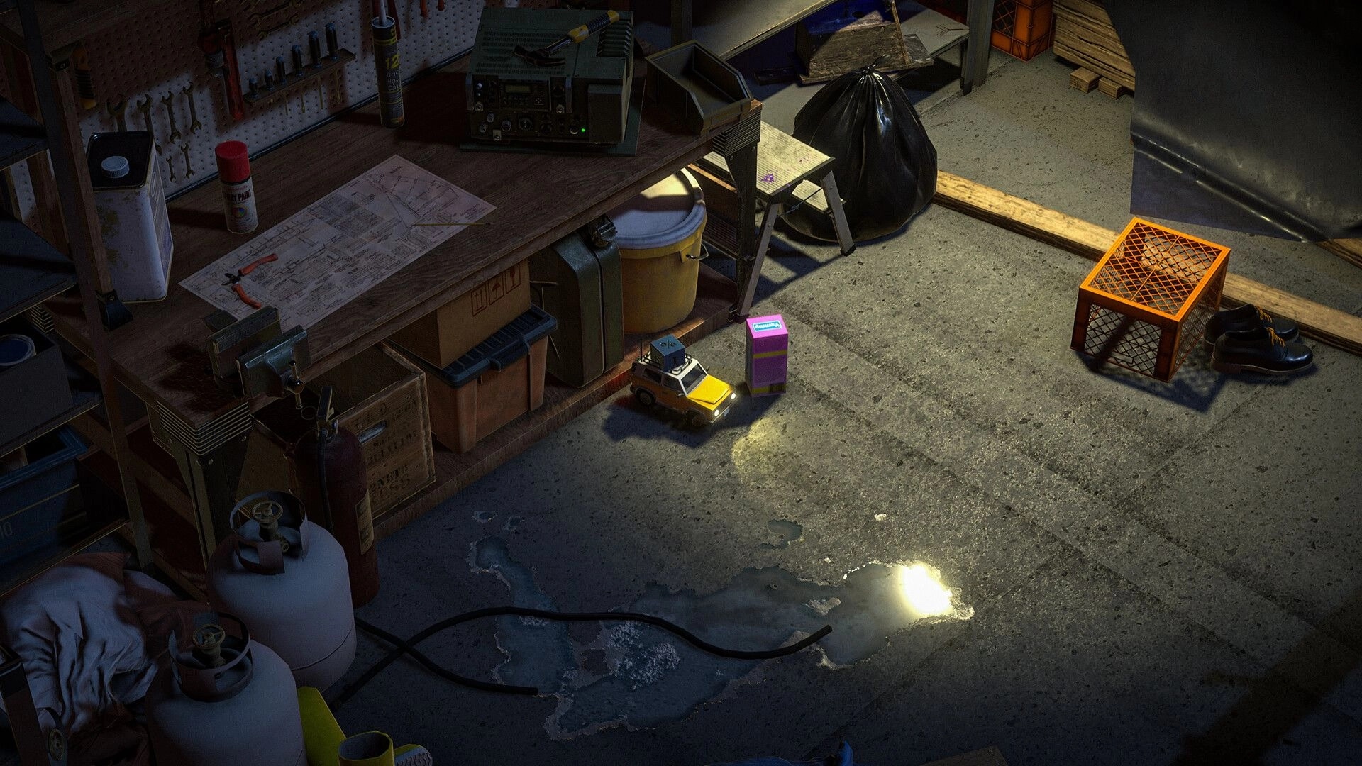 Lost Host: Toy car with headlights on exploring cluttered garage workshop at night