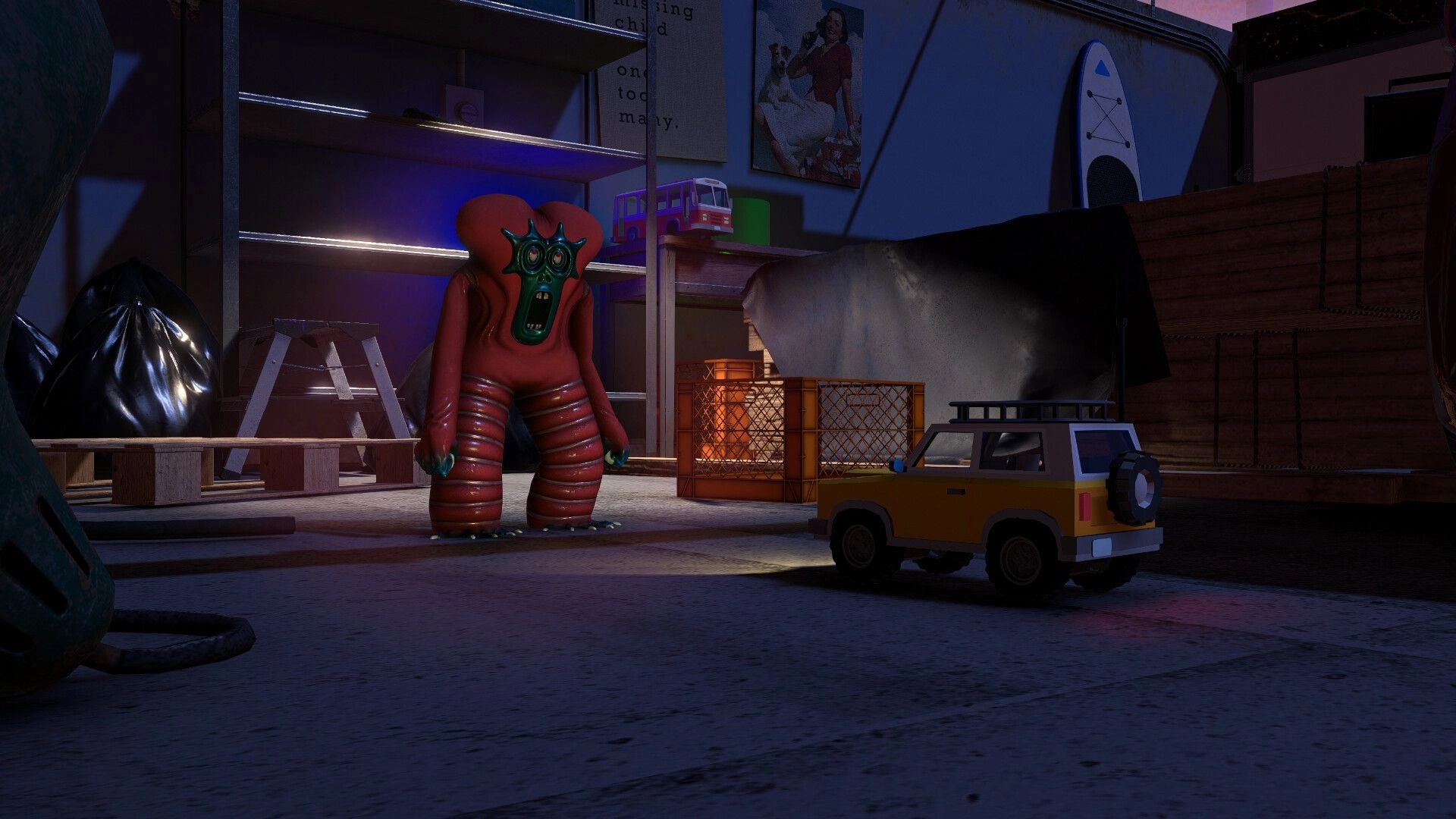 Lost Host: Toy car faces off against a red monster in a dimly lit garage setting with shelves.