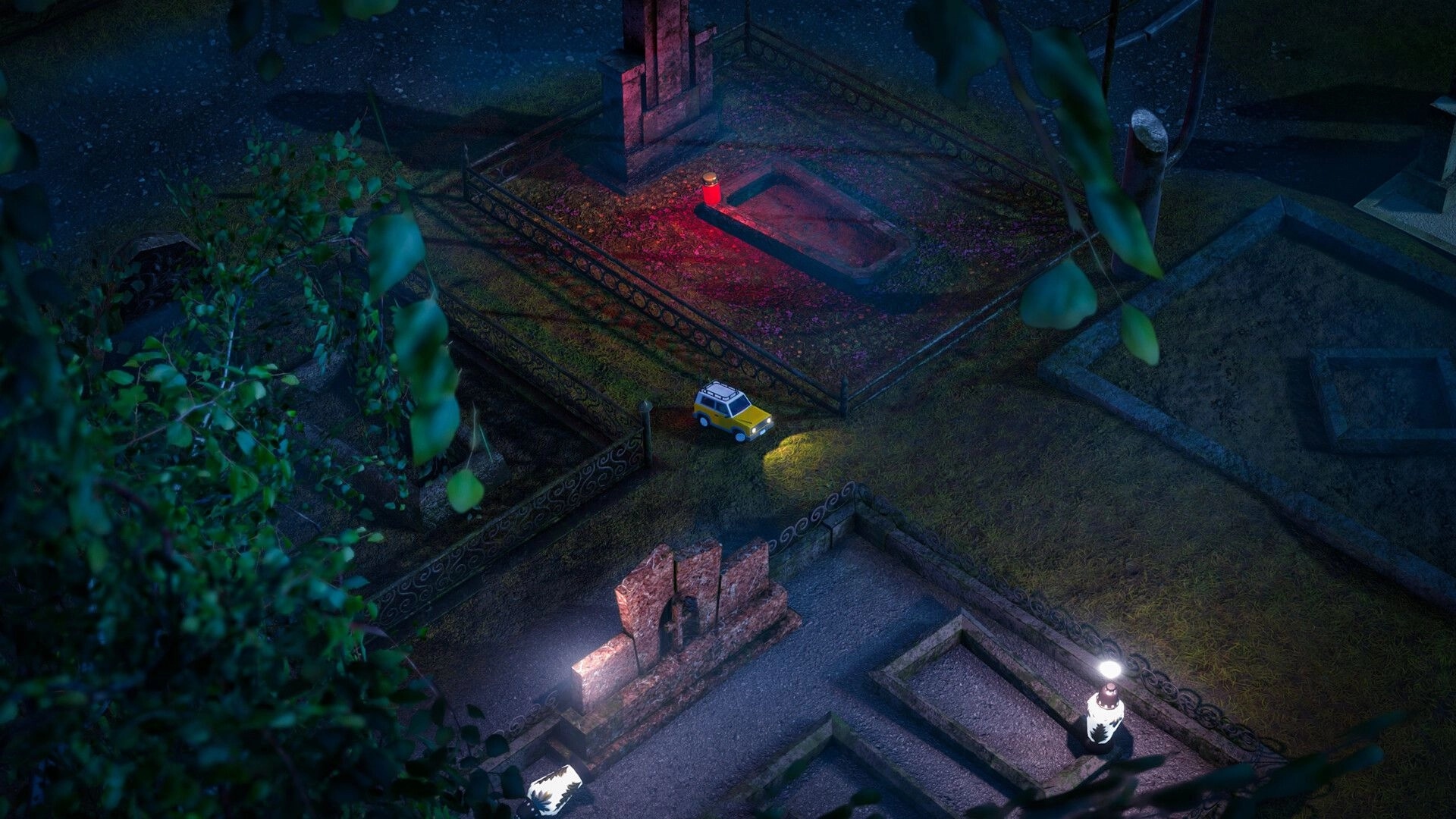 Lost Host: Toy car explores dimly lit graveyard with red light near monument at night