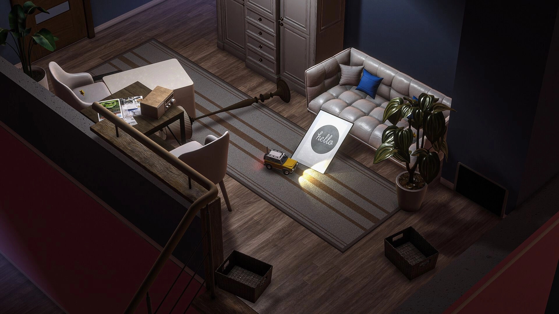 Lost Host: Toy car navigates cozy living room with furniture and decor under dim lighting