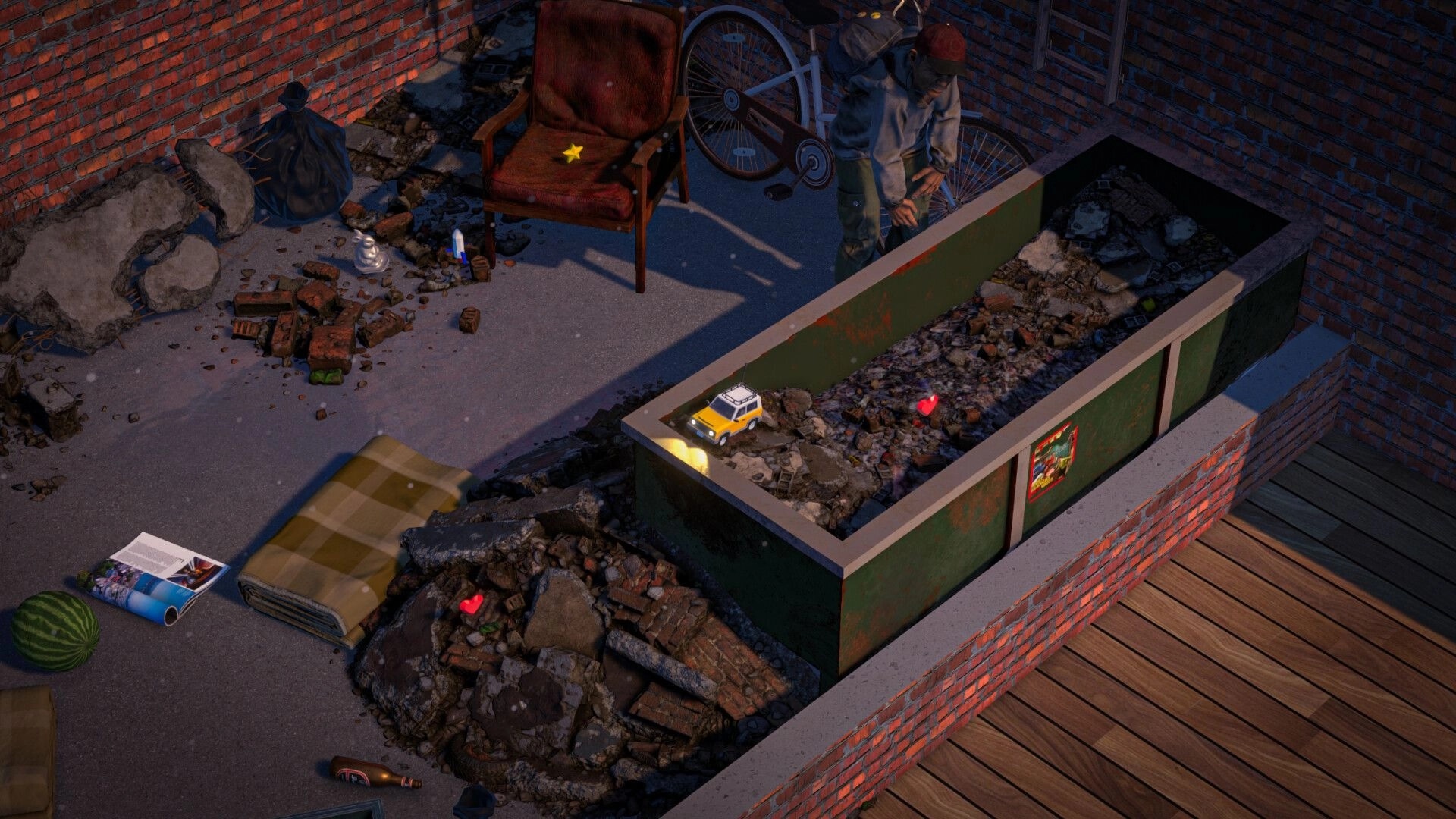 Lost Host: Toy car navigates rubble-filled rooftop with scattered objects and a distant NPC observing