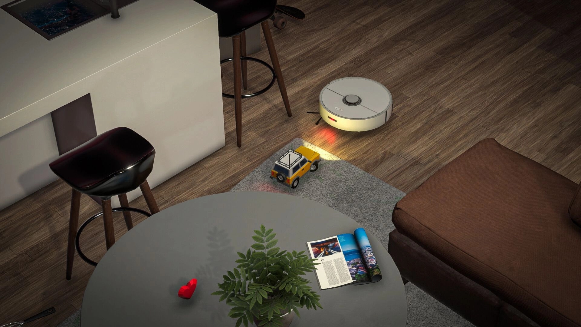 Lost Host: Toy car explores living room near a robotic vacuum on a wooden floor next to a sofa