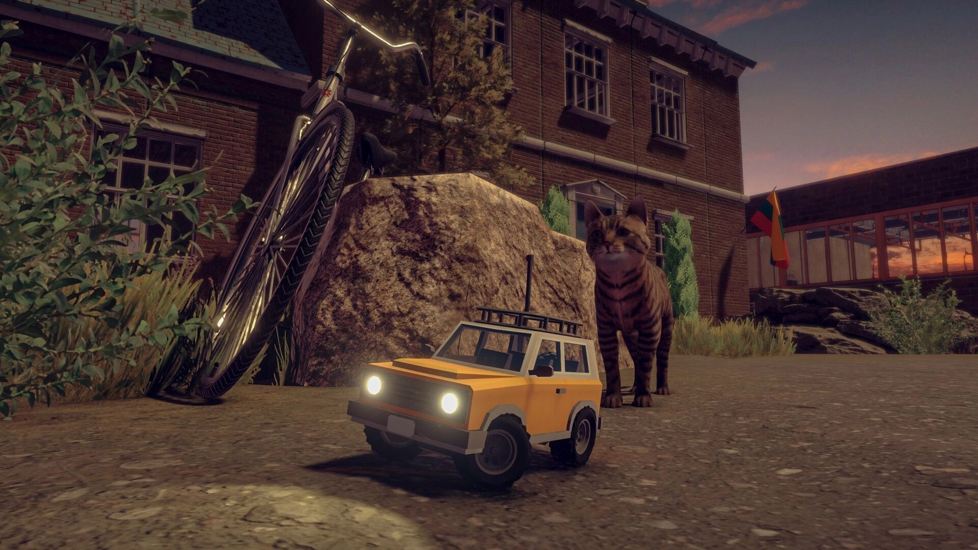 Lost Host: Toy car explores an overgrown courtyard with a cat near a large rock and bicycle