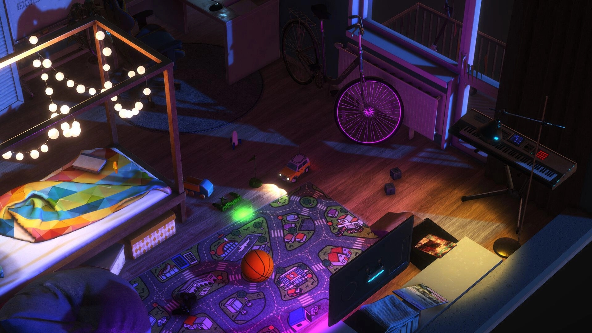 Lost Host: Toy car explores dimly lit room with colorful bed, keyboard, and scattered toys