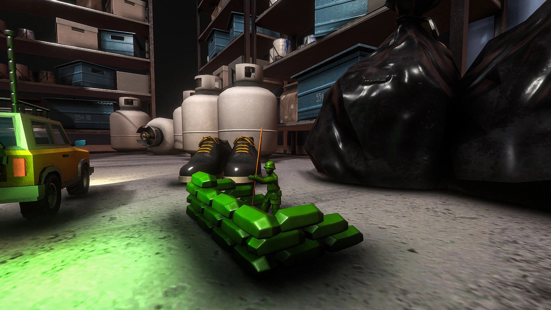 Lost Host: Toy car and green army soldier near shelves with boxes and propane tanks in garage