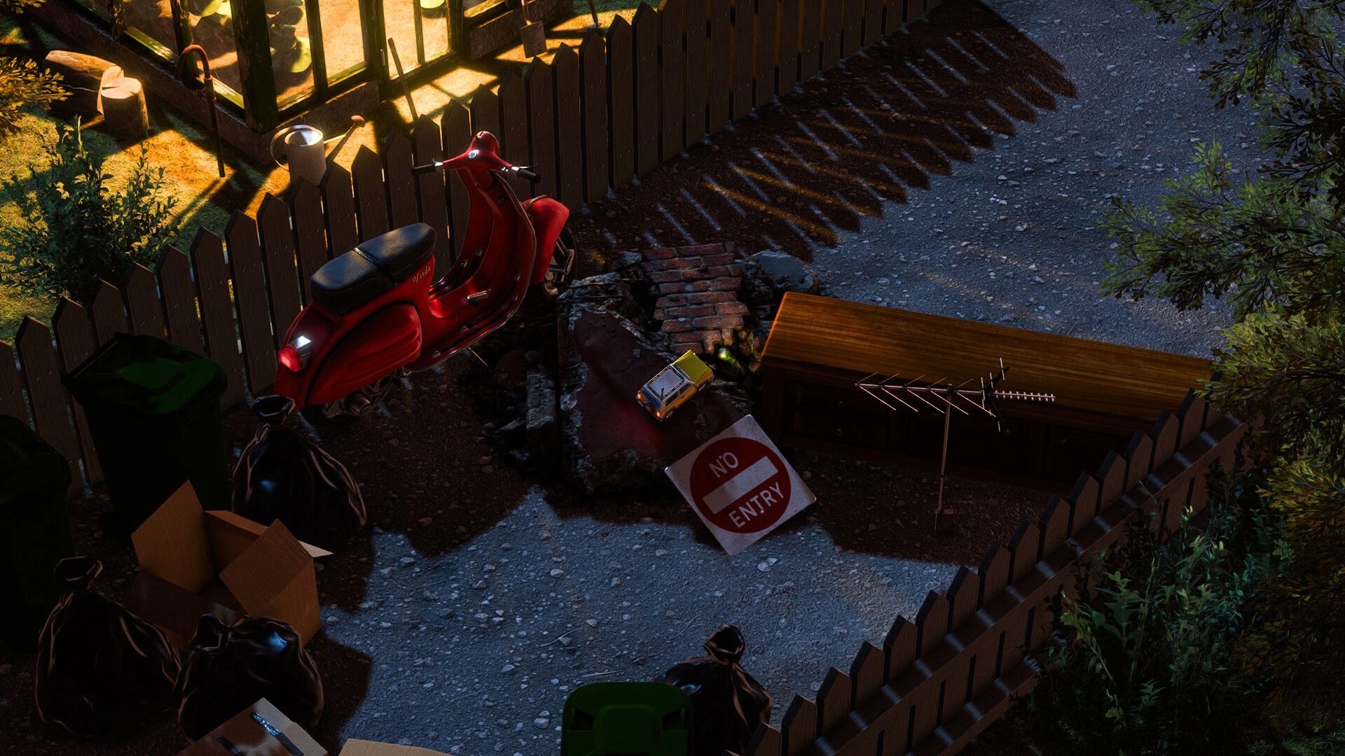 Lost Host: Toy car navigates a backyard obstacle course with a scooter, boxes, and "No Entry" sign.