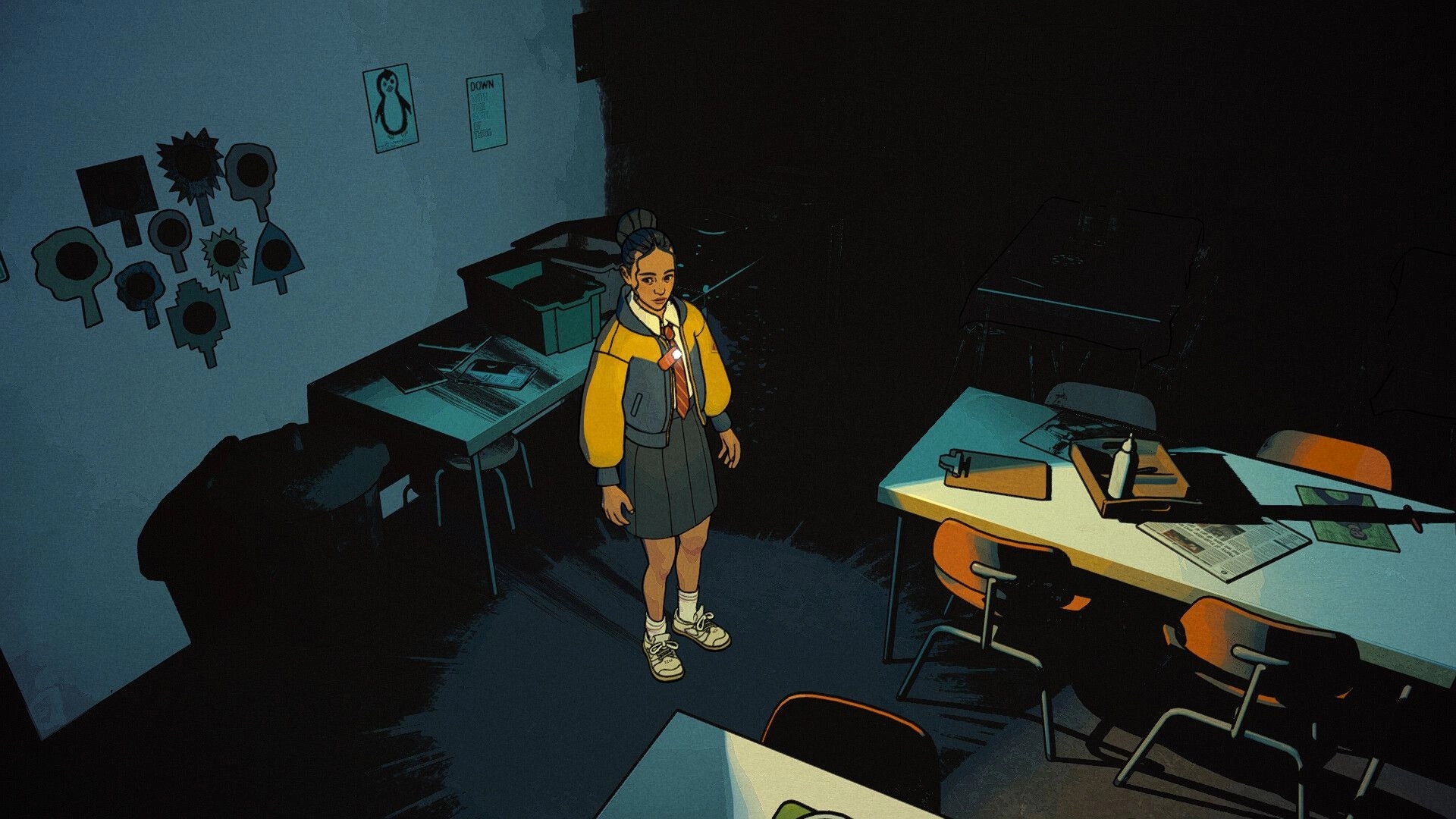 Lost in Art: Player character stands in dim classroom with desks, papers, and wall posters nearby.