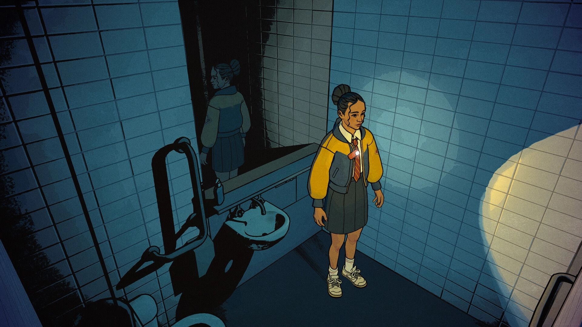 Lost in Art: Schoolgirl stands by a sink and mirror in a tiled restroom, flashlight beam on wall.