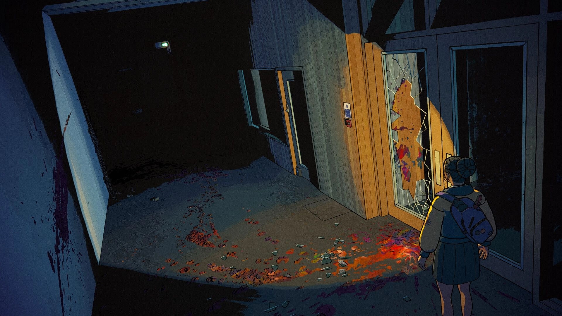Lost in Art: Third-person view of a girl with backpack facing a shattered gallery door in a dark hall.