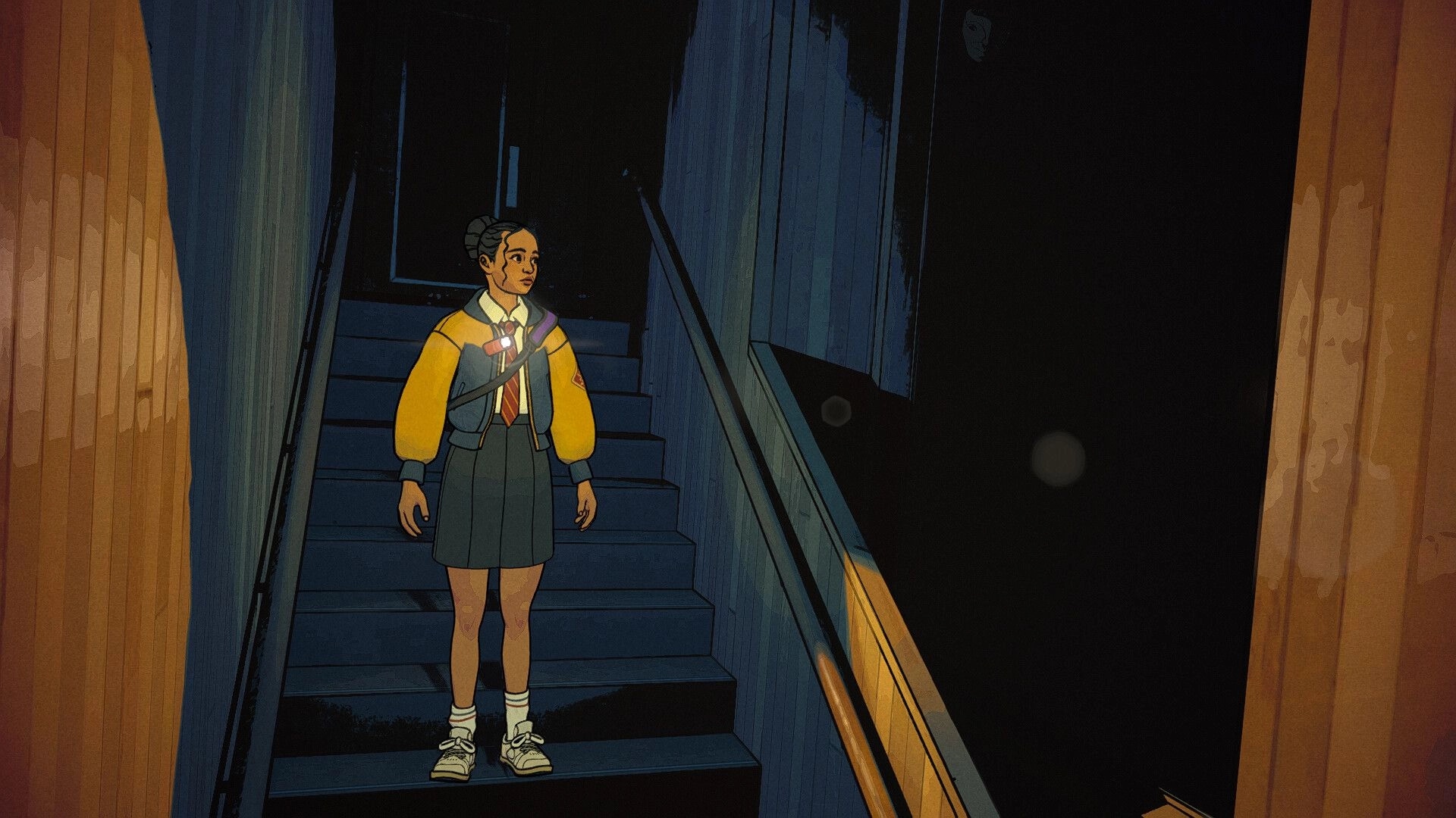Lost in Art: Schoolgirl stands on dark stairwell as black paint drips down walls in eerie hallway.