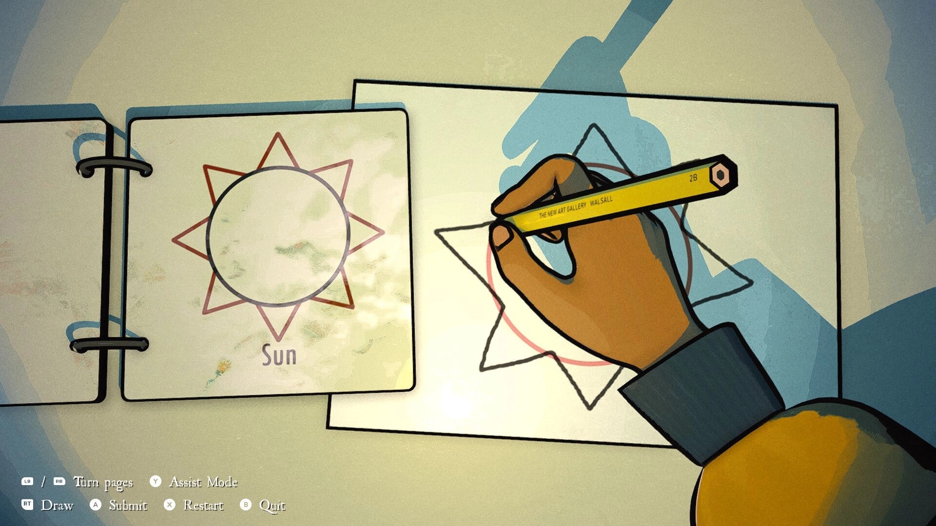 Lost in Art: Drawing a sun symbol in a sketchbook puzzle, with turn pages and submit UI prompts.