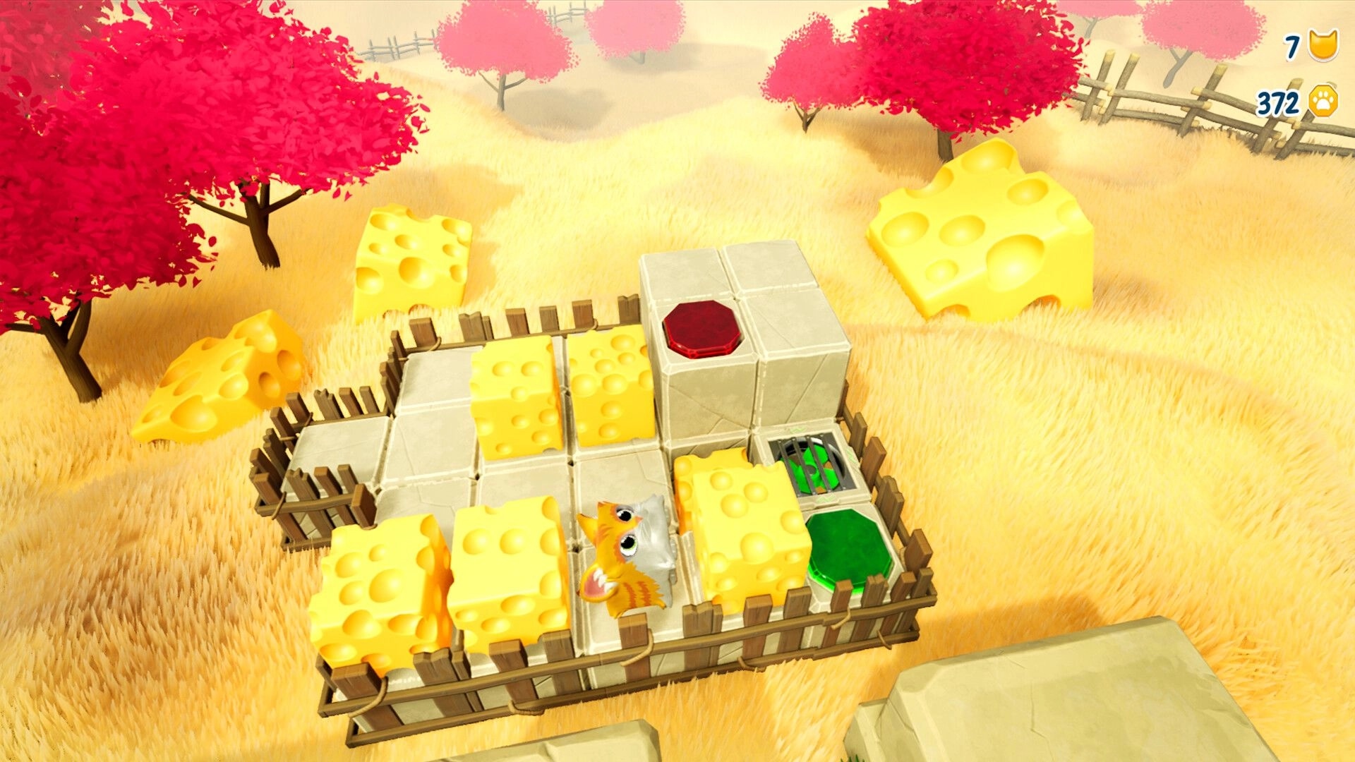 Lost in Cheese: Orange cat pushing cheese blocks in grassy field with red trees and a red button