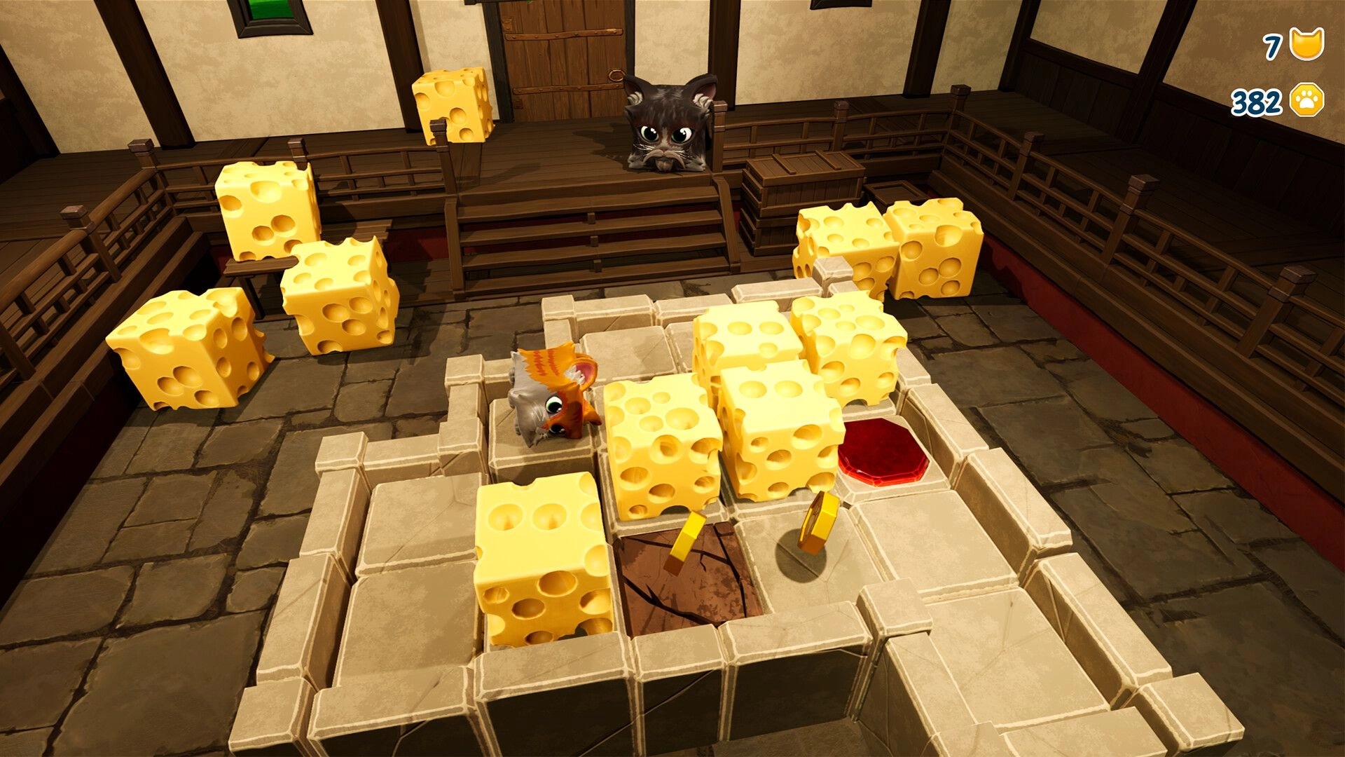 Lost in Cheese: Character navigates cheese blocks in wooden room towards a red button on the floor